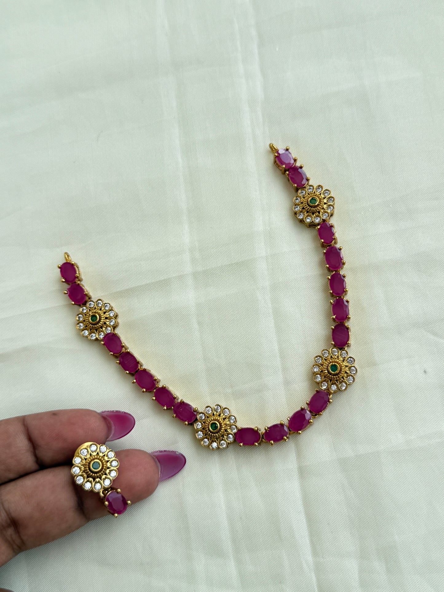 Ns273 pink stone flower necklace with earrings