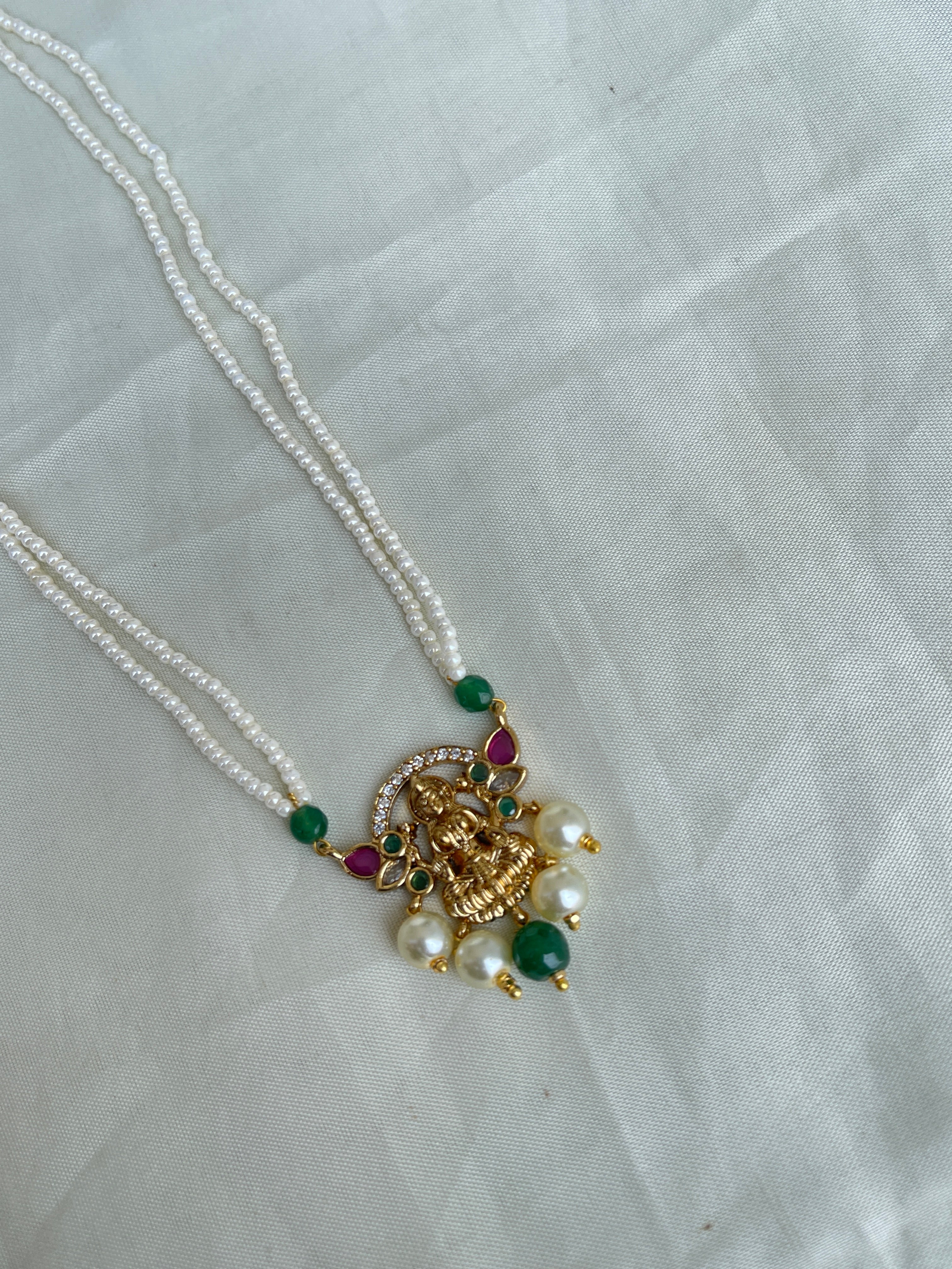 2 lines sugar pearl Lakshmi Devi pendant in ruby and green pc001