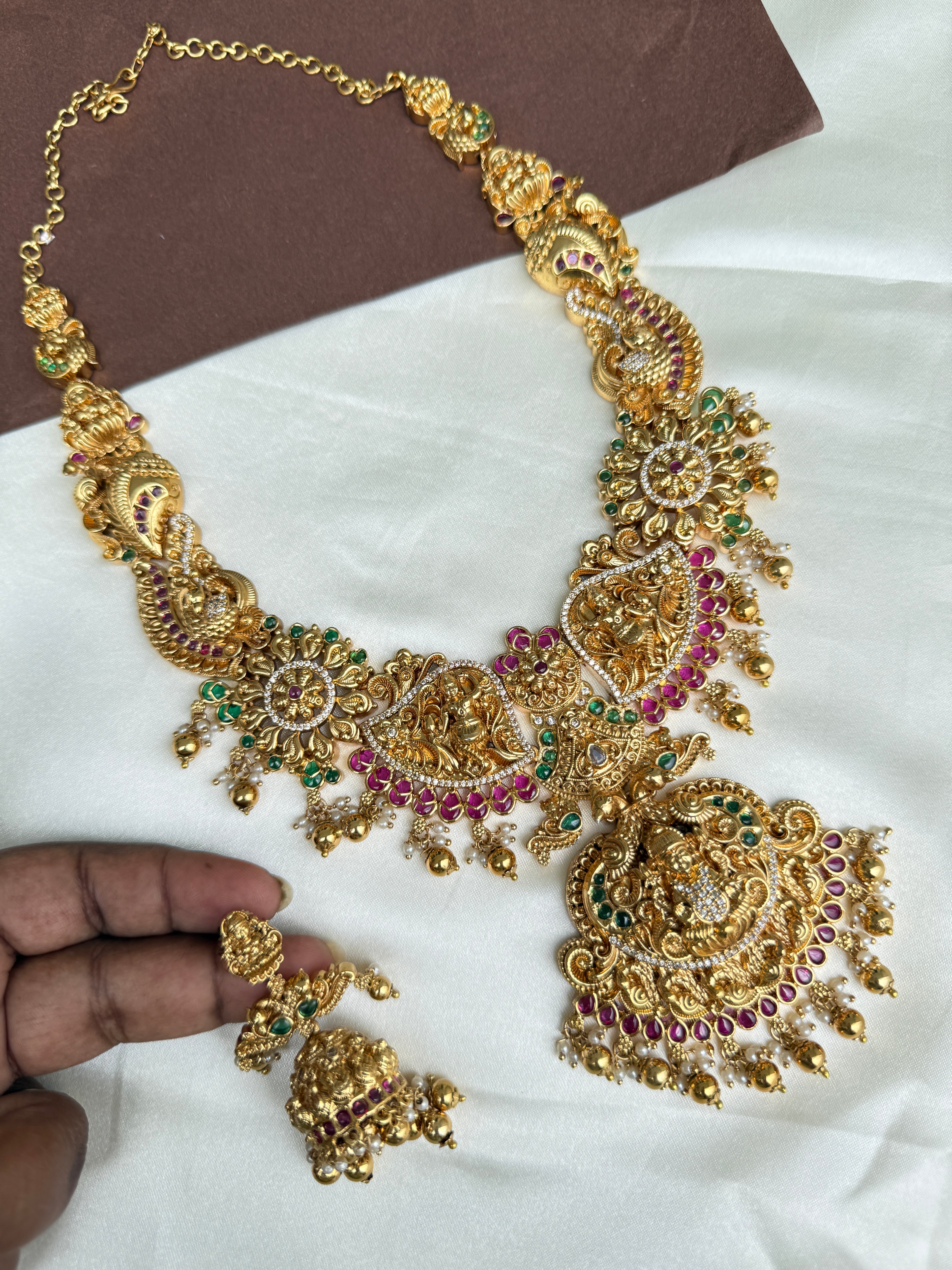 Lh2027 heavy Lakshmi Devi nakshi haram with kemp stones