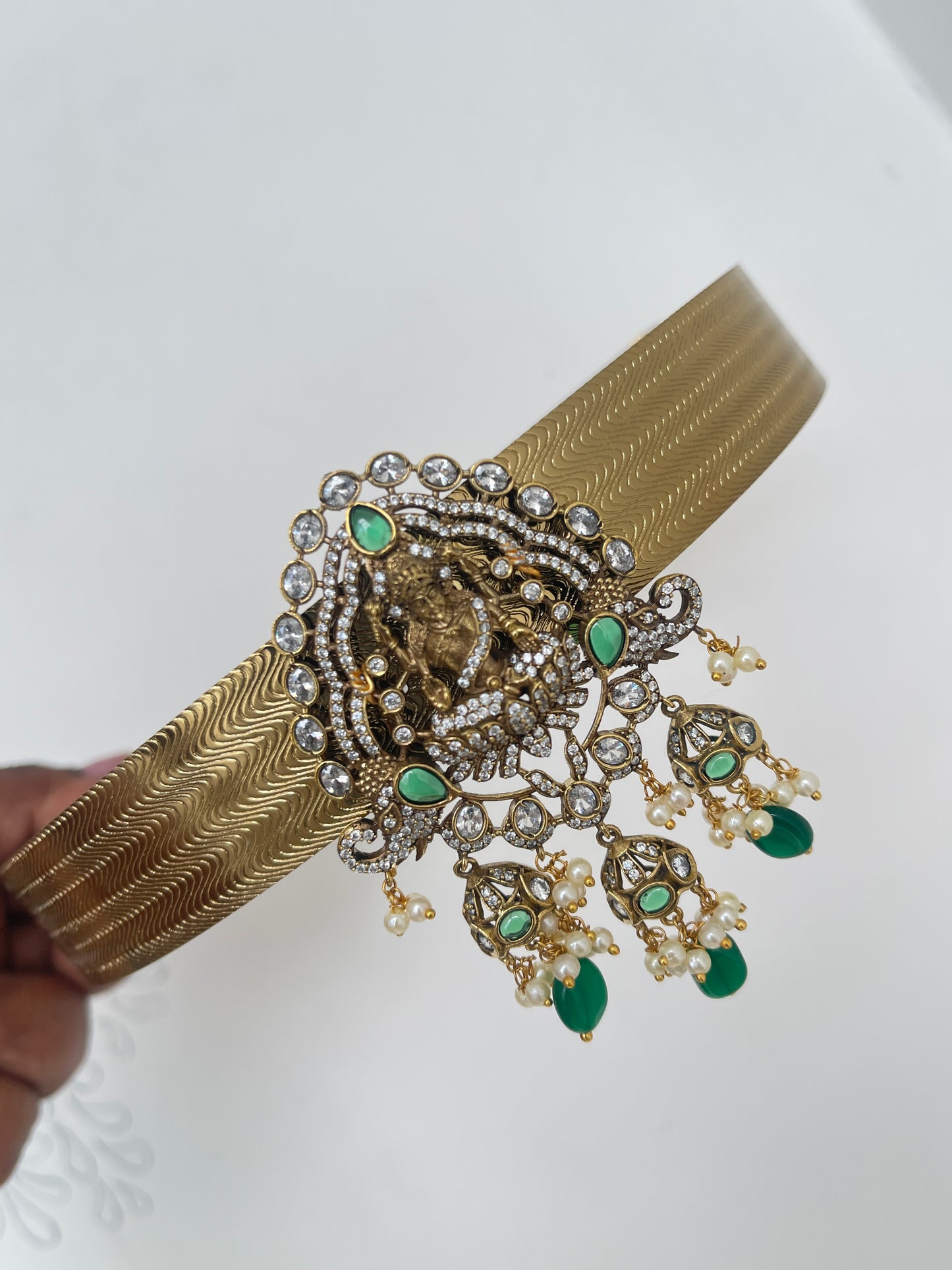 Textured belt with Lakshmi Devi Victorian pendant kids hipbelt