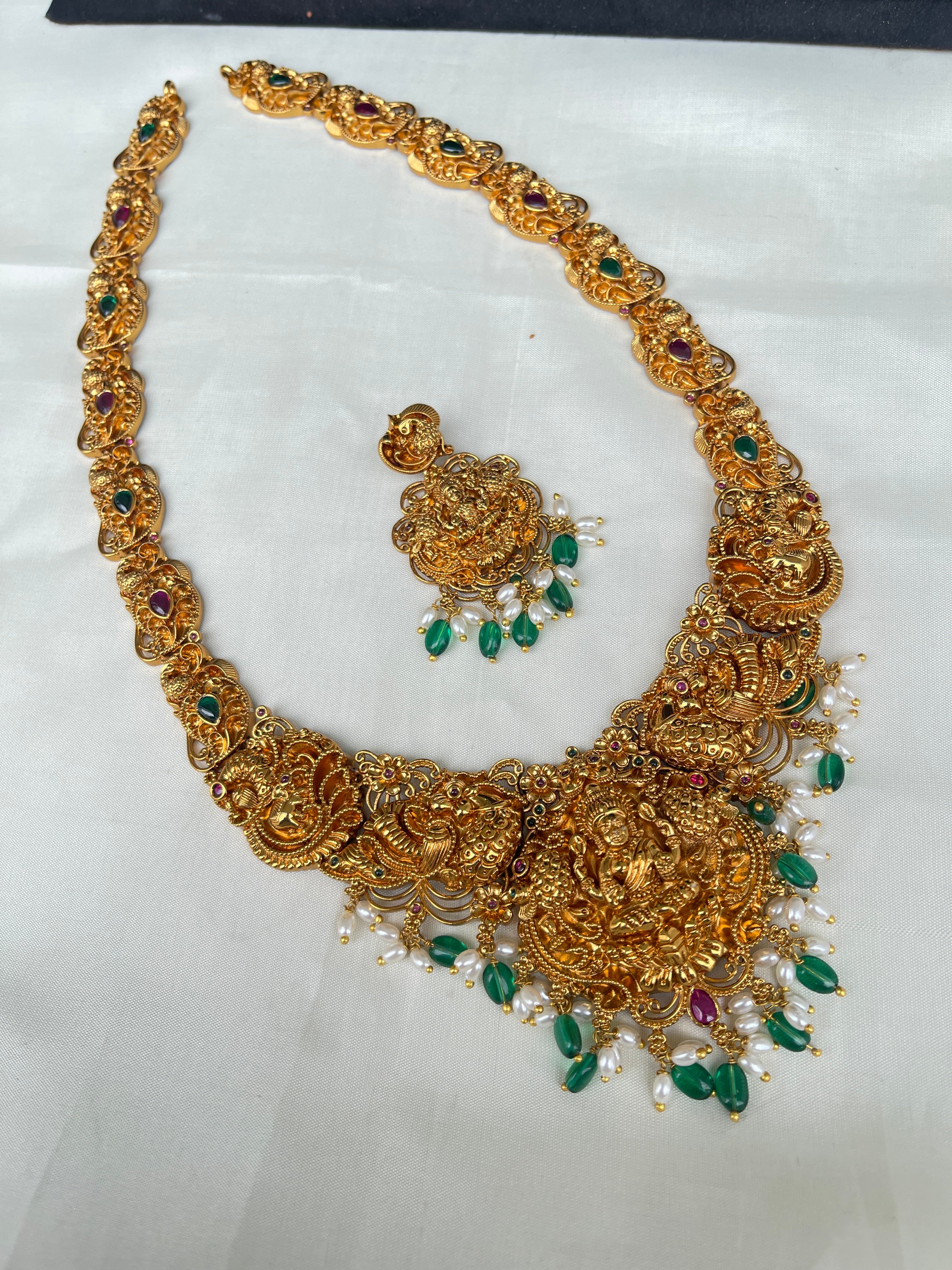 Lakshmi Devi long haram with green beads lh2000 – Yuvi_Collections