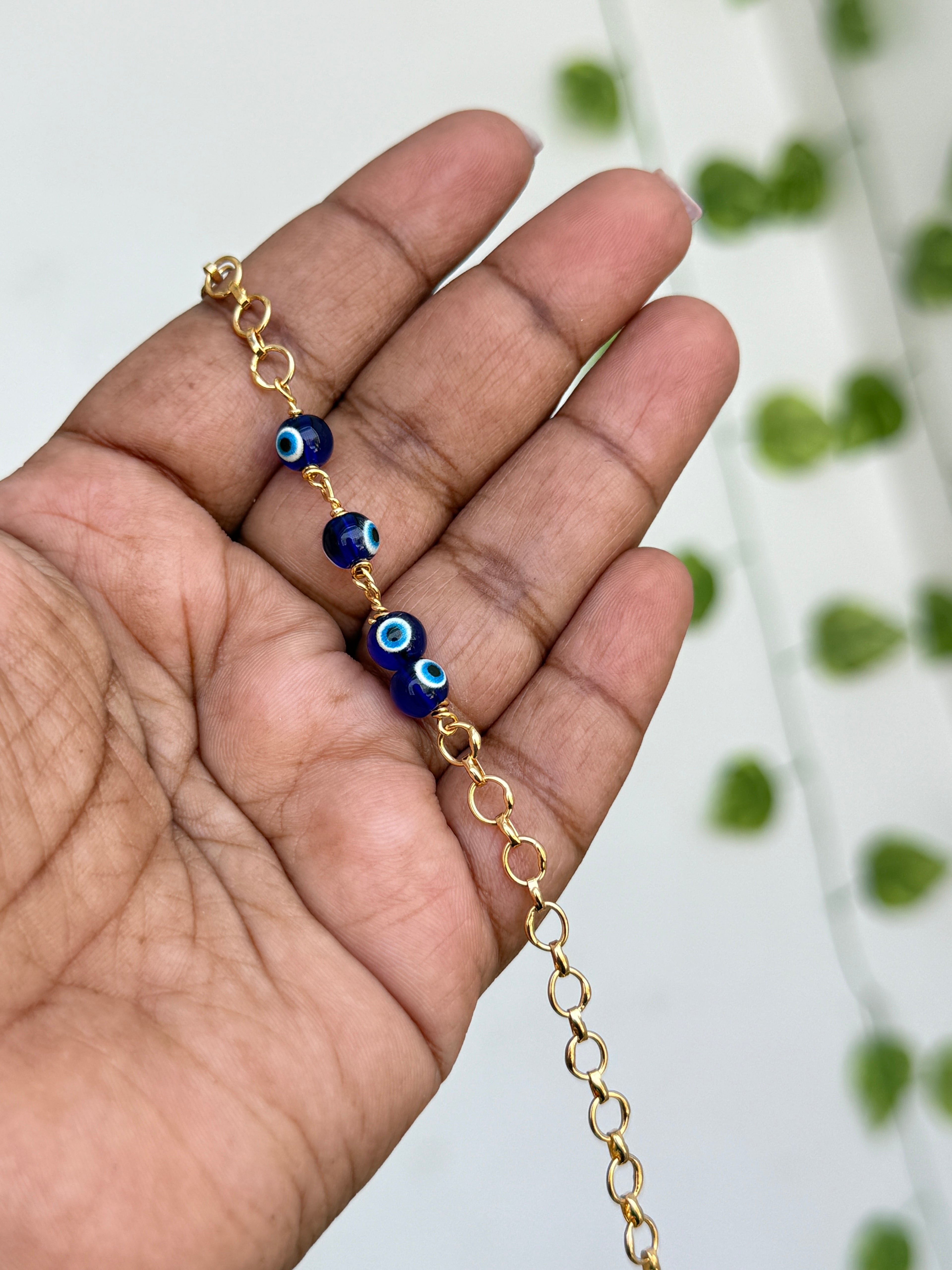Ph148 panchaloham polished 4 evileye 7.5 inches adjustable chain bracelet