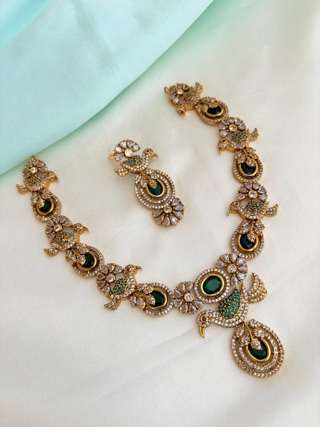 Premium AD Stone Bird Motif Neckset with Emerald Green Accents with Earrings Ns862