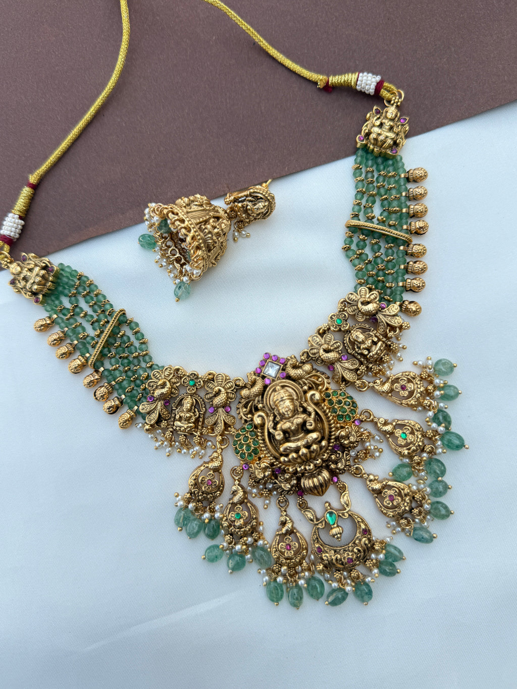 Ns642 nakshi Lakshmi devi jadau kundan green bead neckset