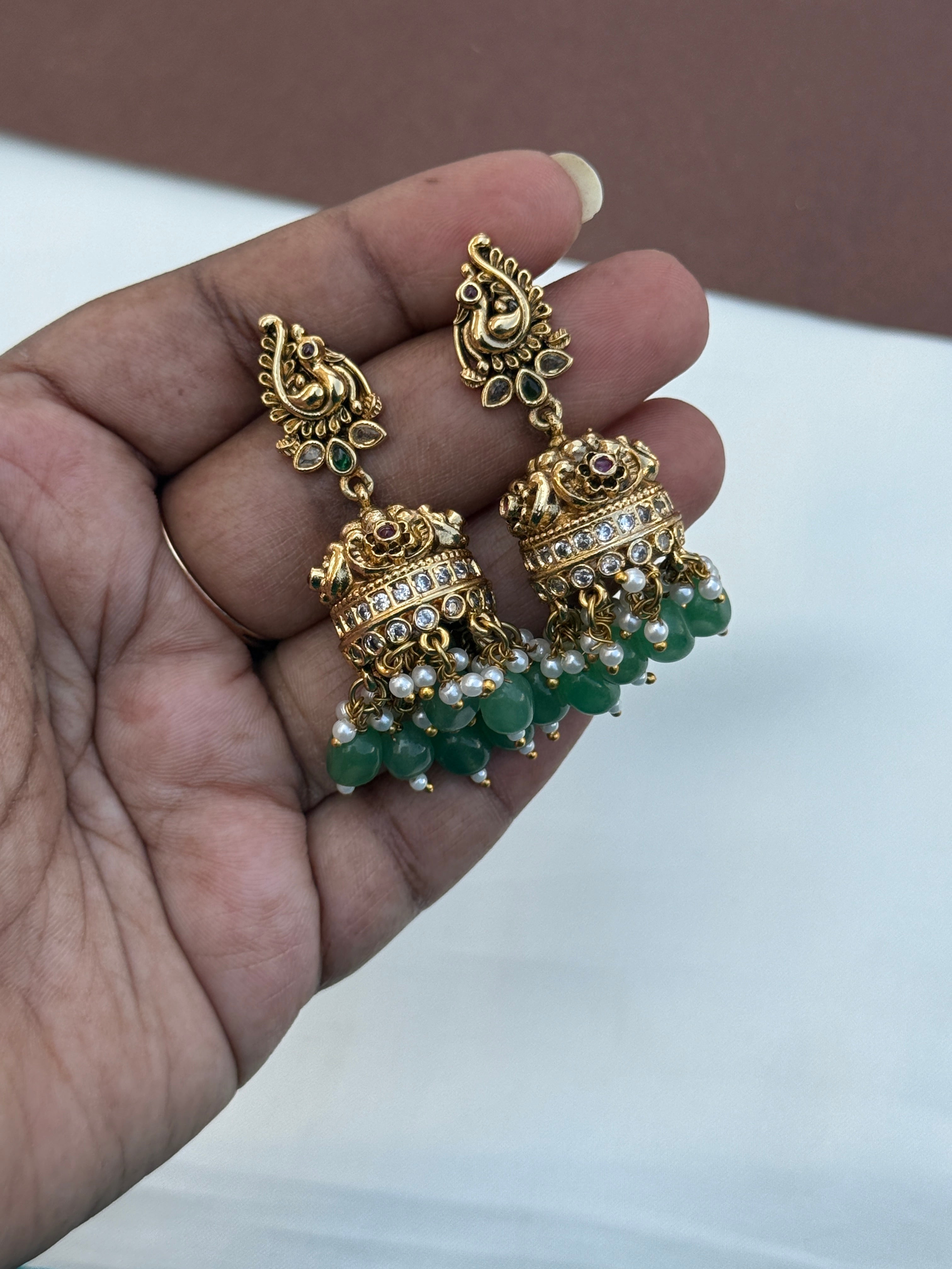 Er206 nakshi peacock butta earrings  with green beads