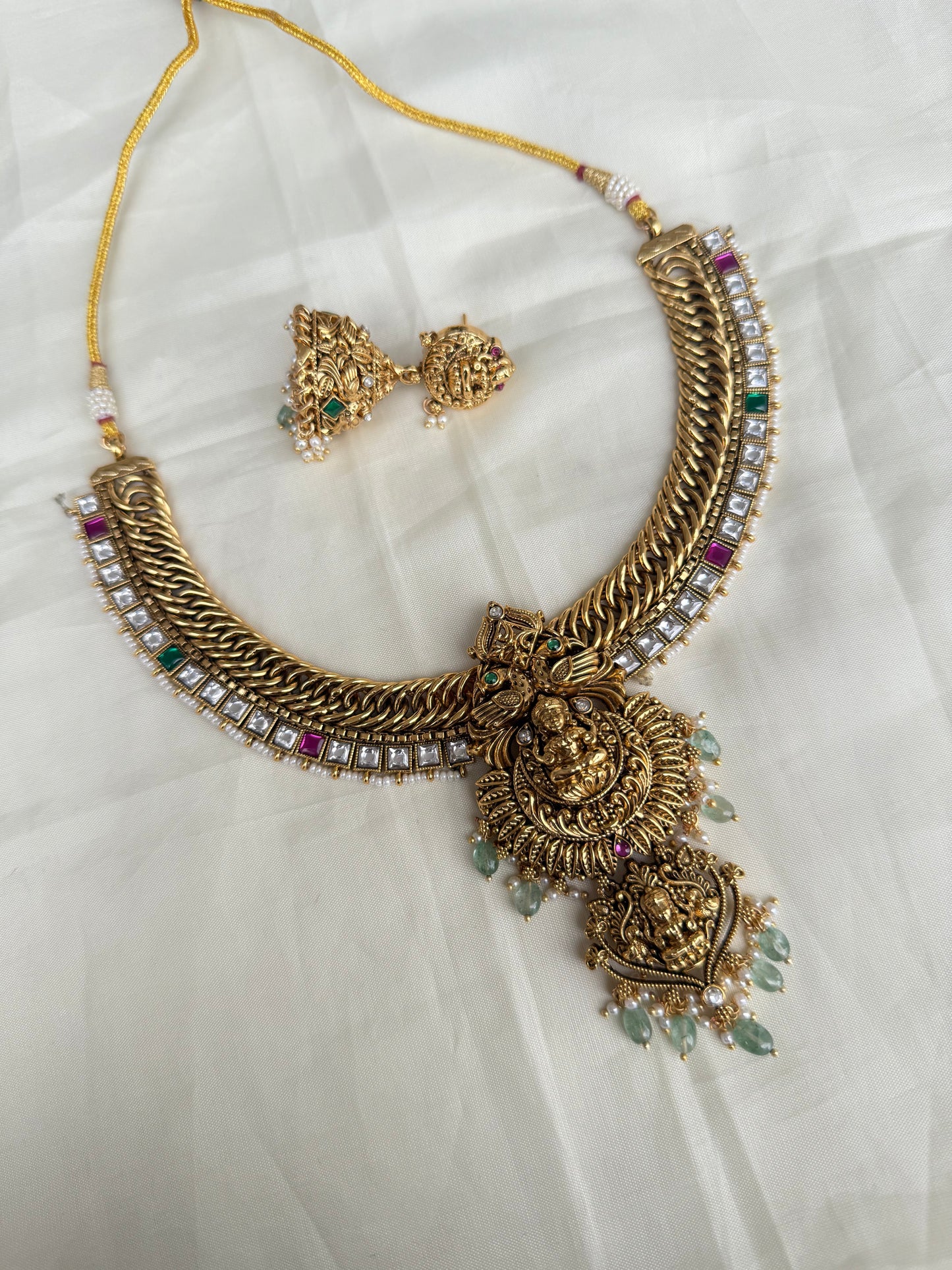 Multi green beads double Lakshmi Devi jalebi neckset