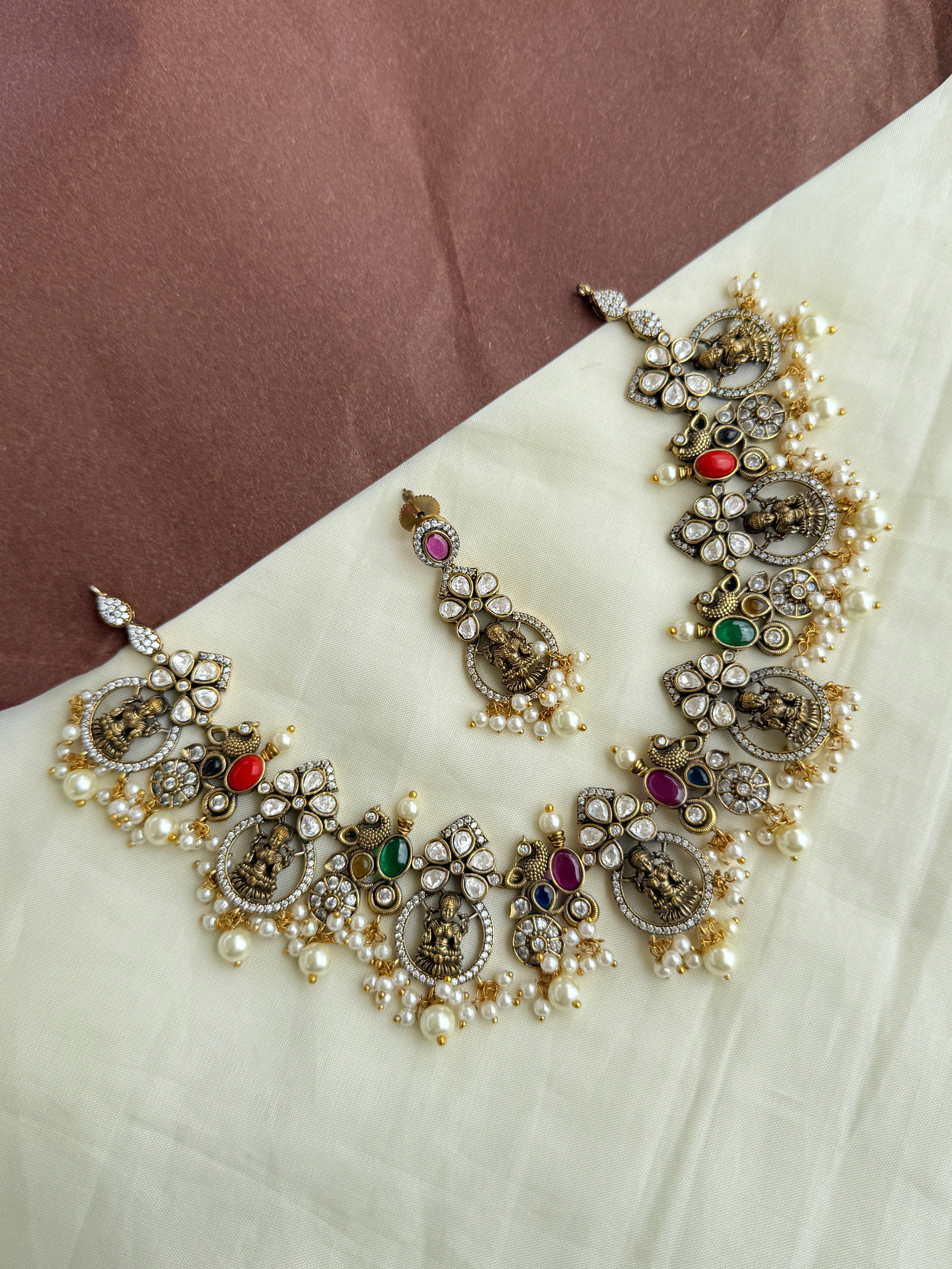 Ns281 multi moissanite Lakshmi Devi neckset with earrings