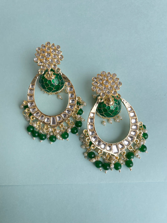 Butta chandbali  kundan earrings in blue, green