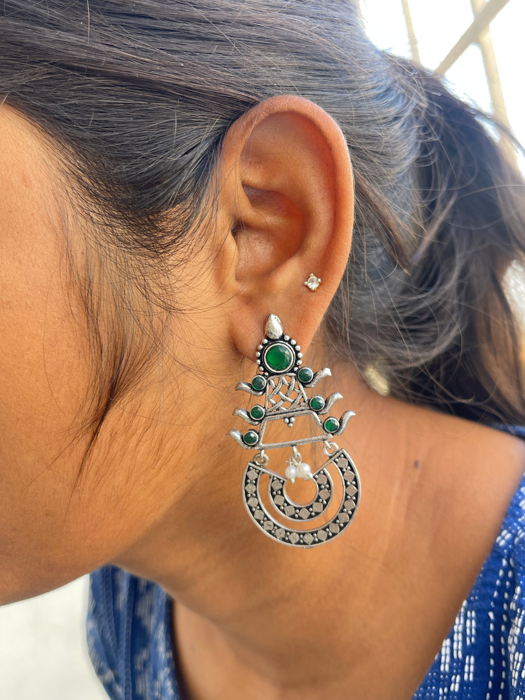 Green lightweight chandbali oxidised earrings