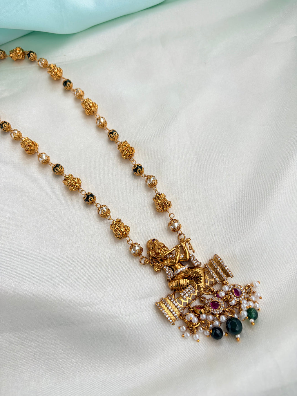 Premium Nakshi Krishna Pendant Neckset with Pearl and Stone Drops Bb223
