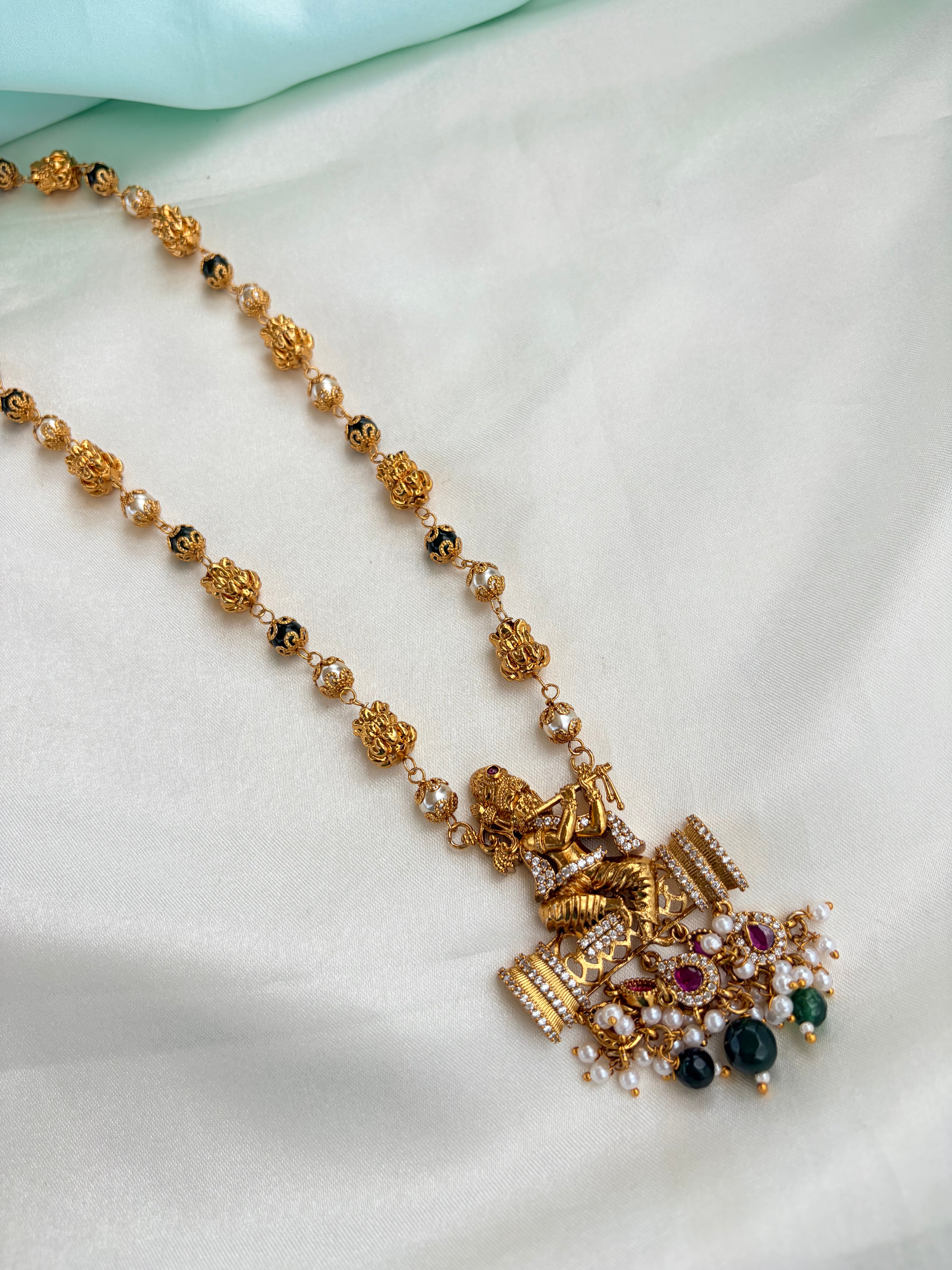 Premium Nakshi Krishna Pendant Neckset with Pearl and Stone Drops Bb223