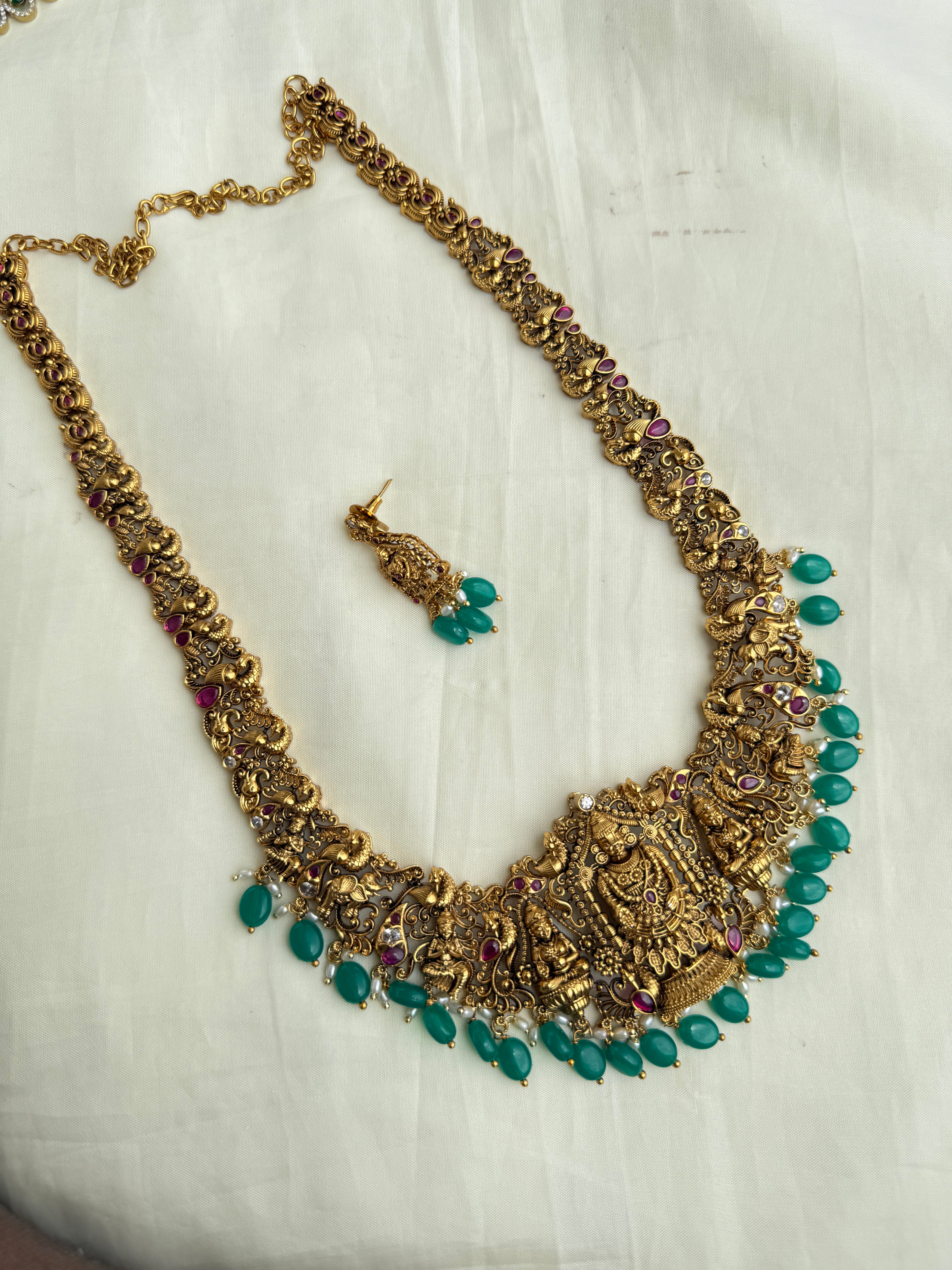 Lh2021 Lakshmi Devi green beads long haram