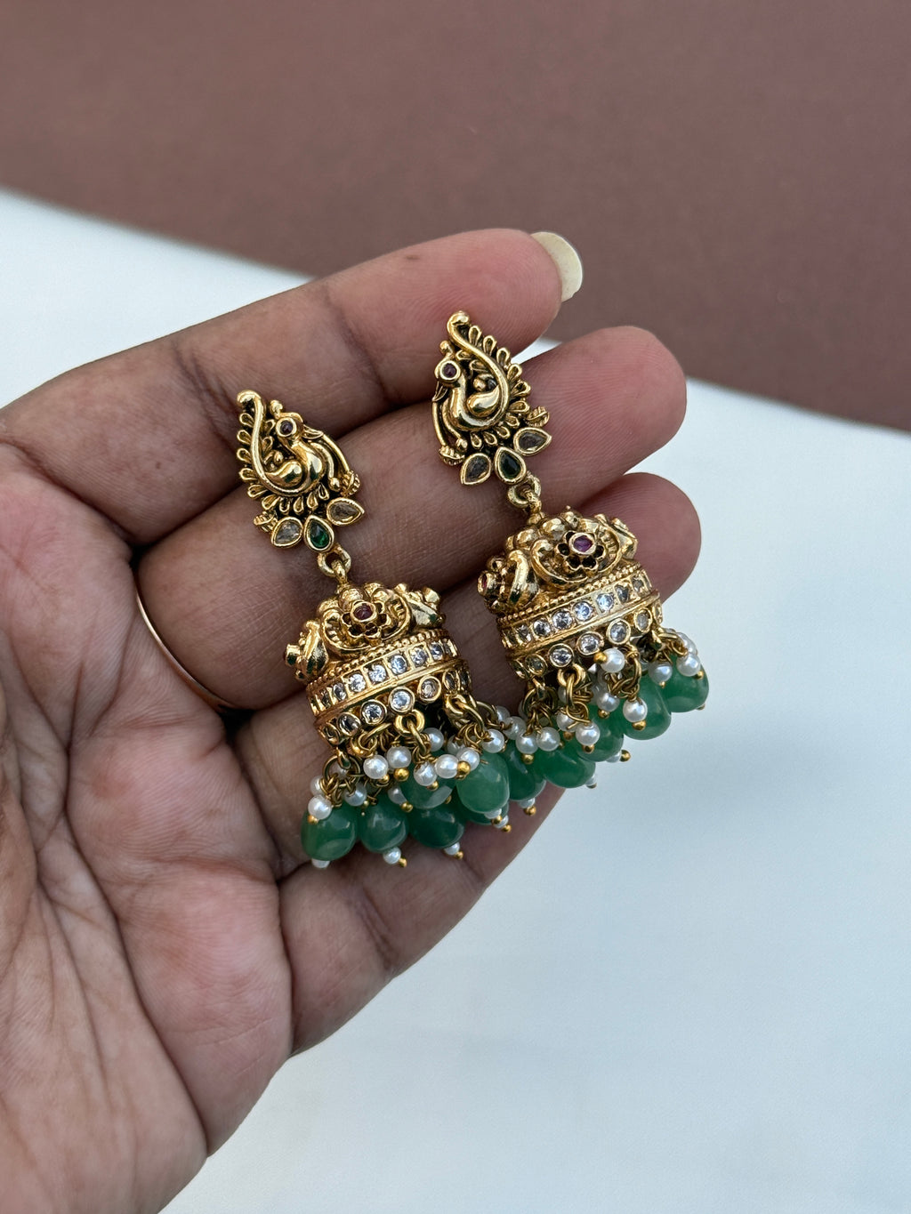 Er206 nakshi peacock butta earrings  with green beads