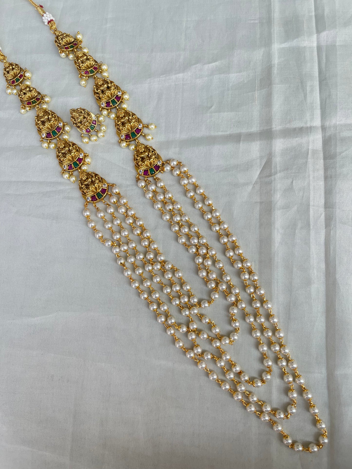 Antique finish lakshmi devi pearl long chain