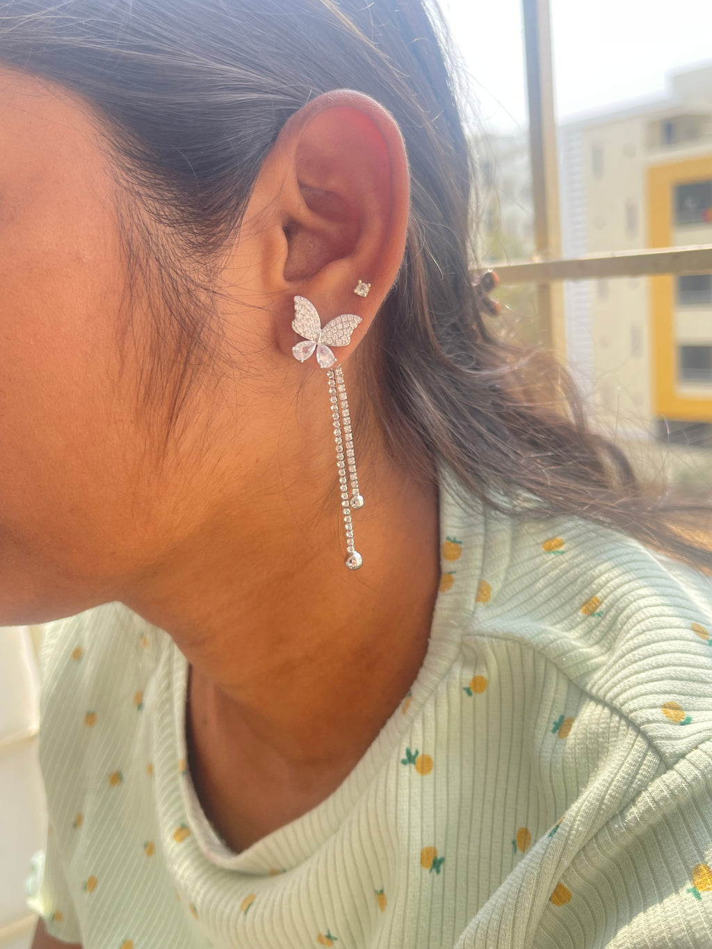 Silver 2 in 1 use butterfly tassels can use as studs and also as tassels