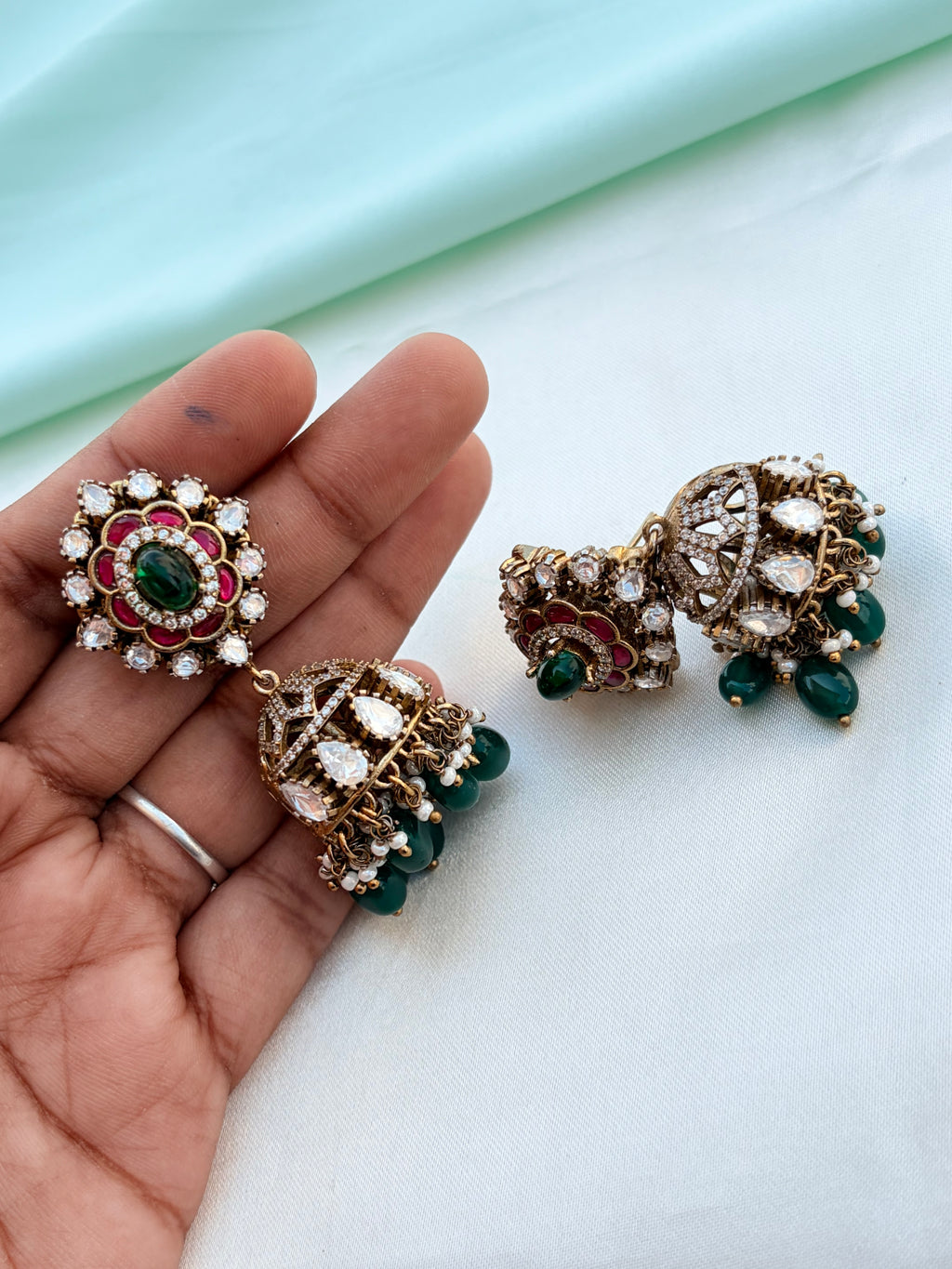 Moissanite Butta with green beads earrings Er953