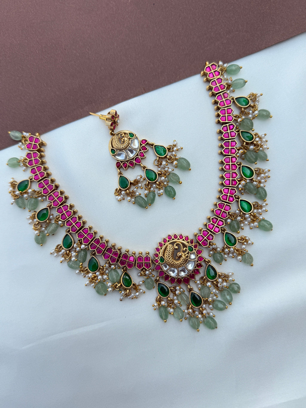 Ns626 peacock pure jadau kundan neckset with green beads