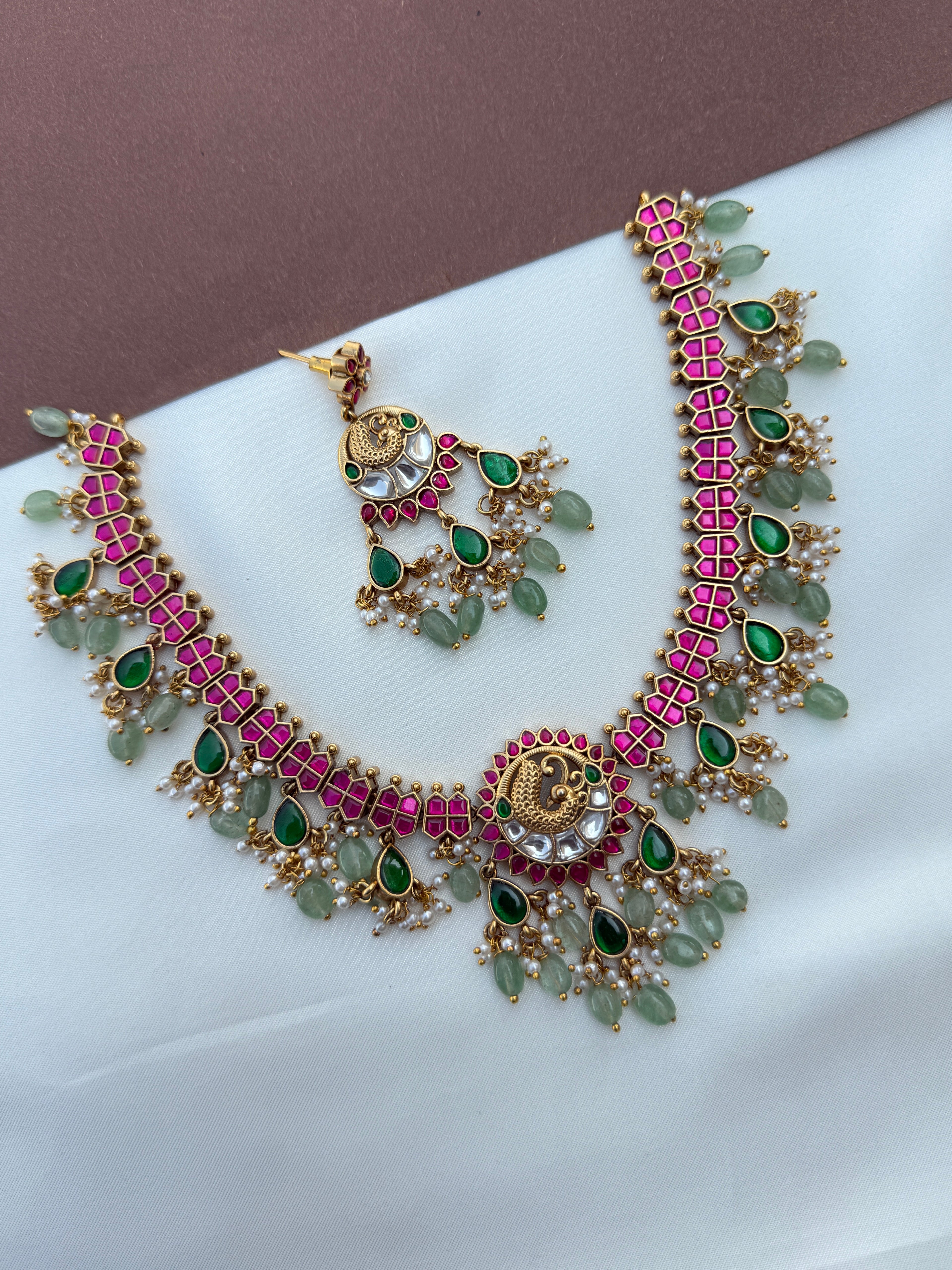 Ns626 peacock pure jadau kundan neckset with green beads