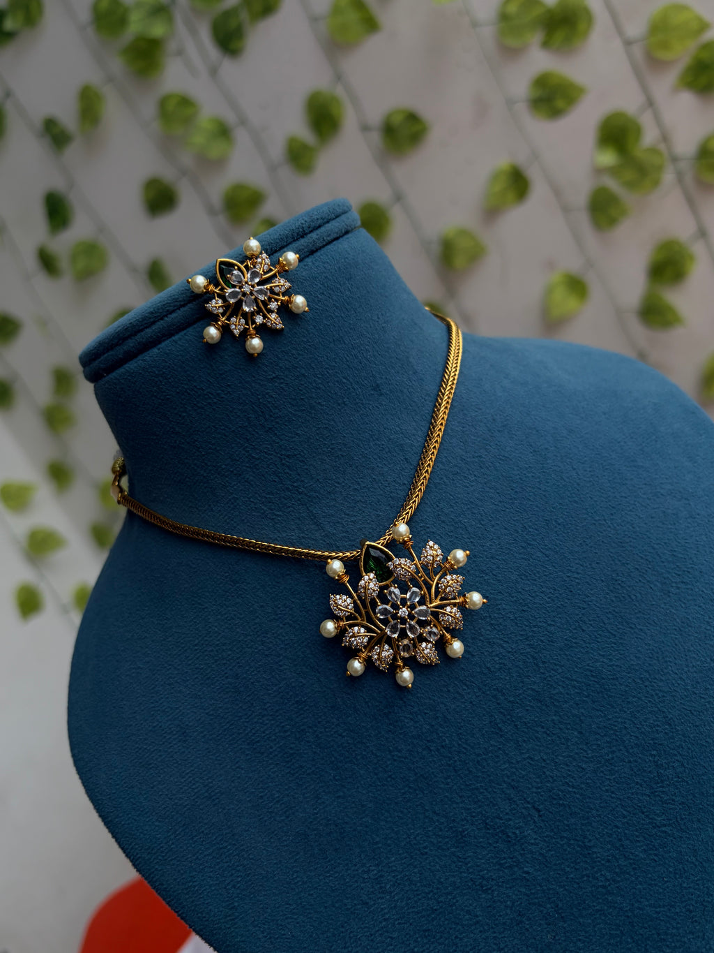 Ns860 green middle flower leaf nano thread removebull pendant 2 in 1 short neckset with studs