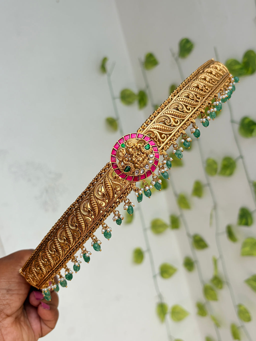 Lakshmidevi jadau Kundan duke with green beads adults hipbelt hb803