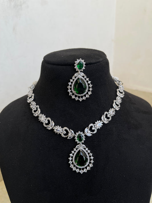 Green drop heart diamond finish neckset with earrings