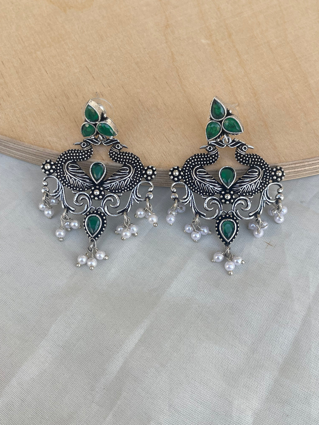 Lightweight chandbali oxidised earrings in ruby and green