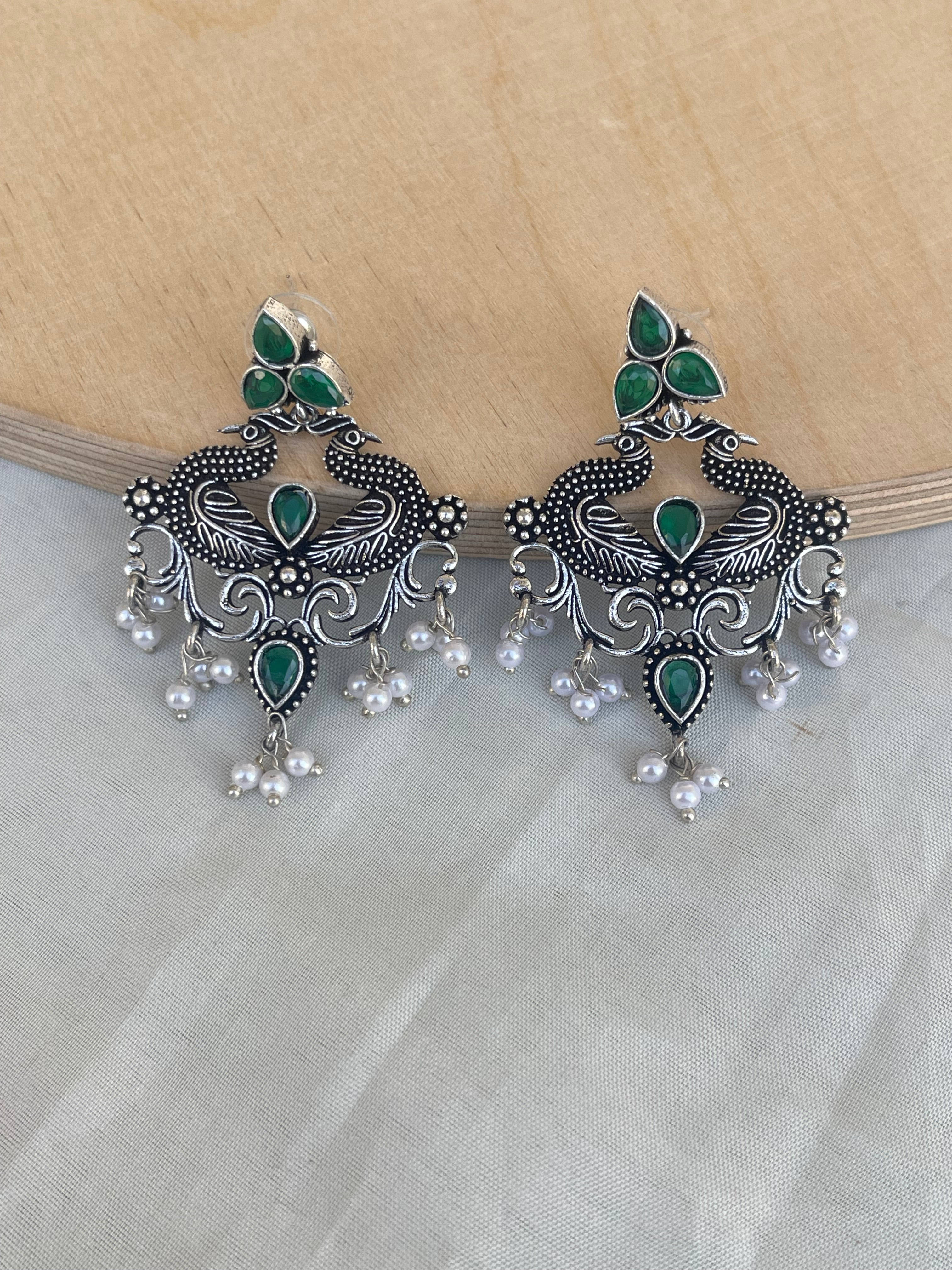 Lightweight chandbali oxidised earrings in ruby and green