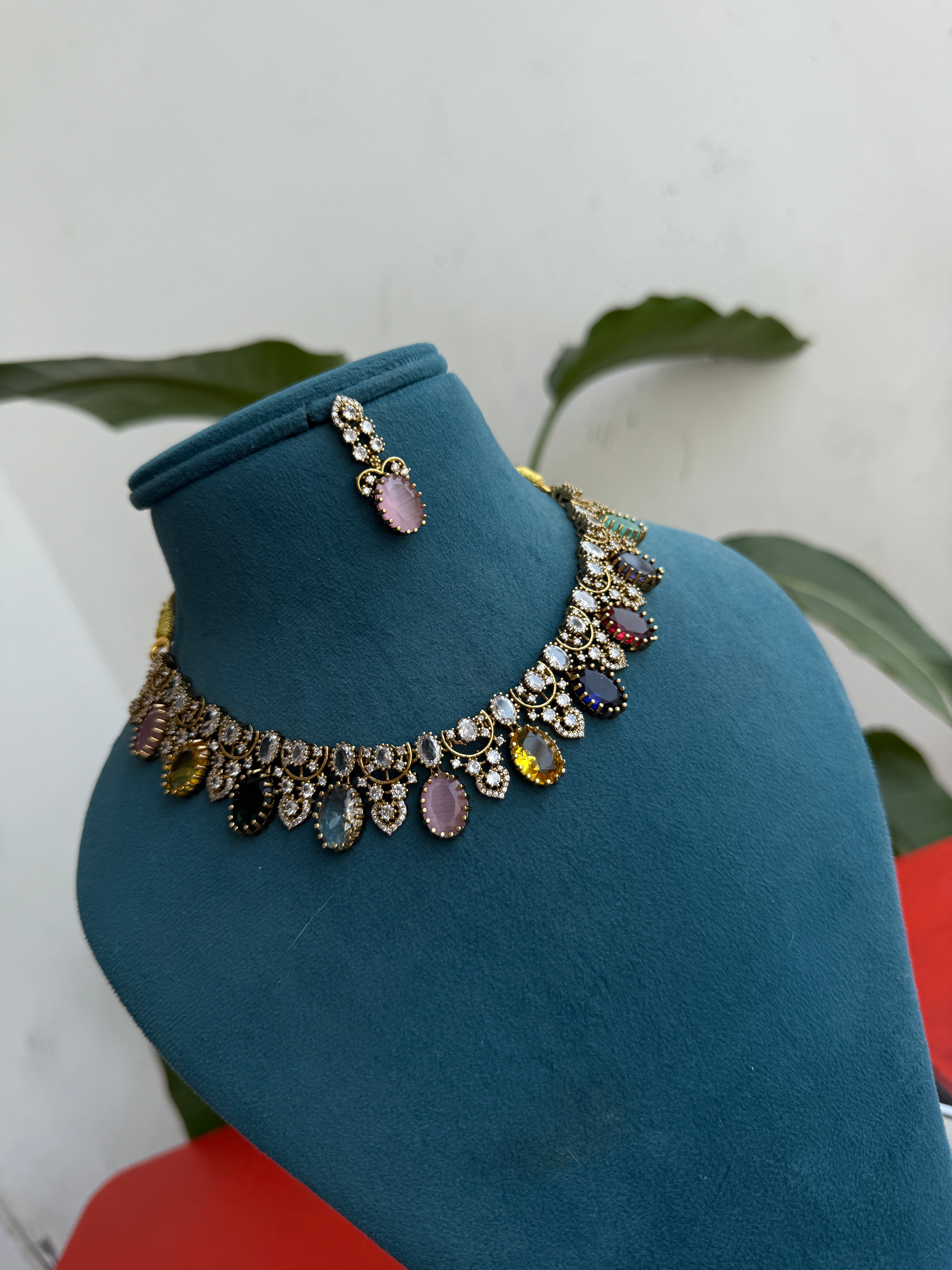 NS379 Multi Navaratan Neckset with Earrings
