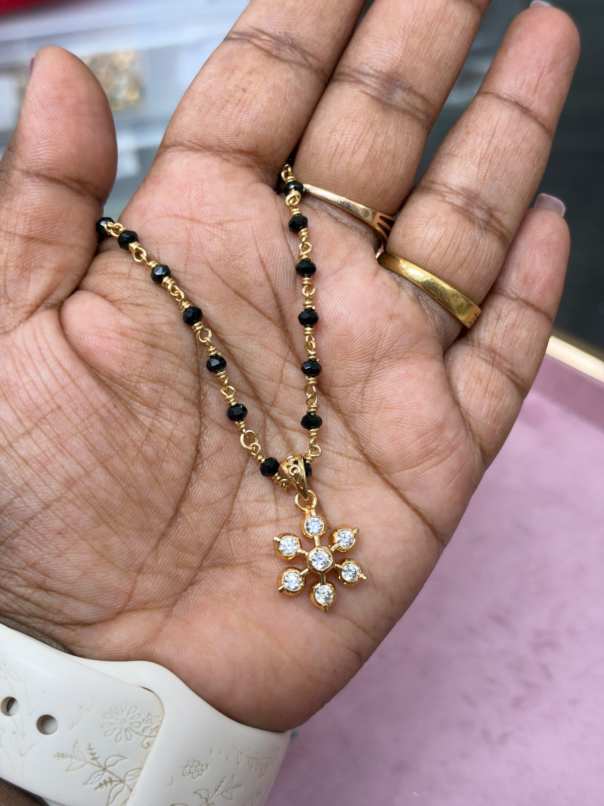 Bb403 panchaloham polished pendant with unpolished 16 to 18 inches black beads
