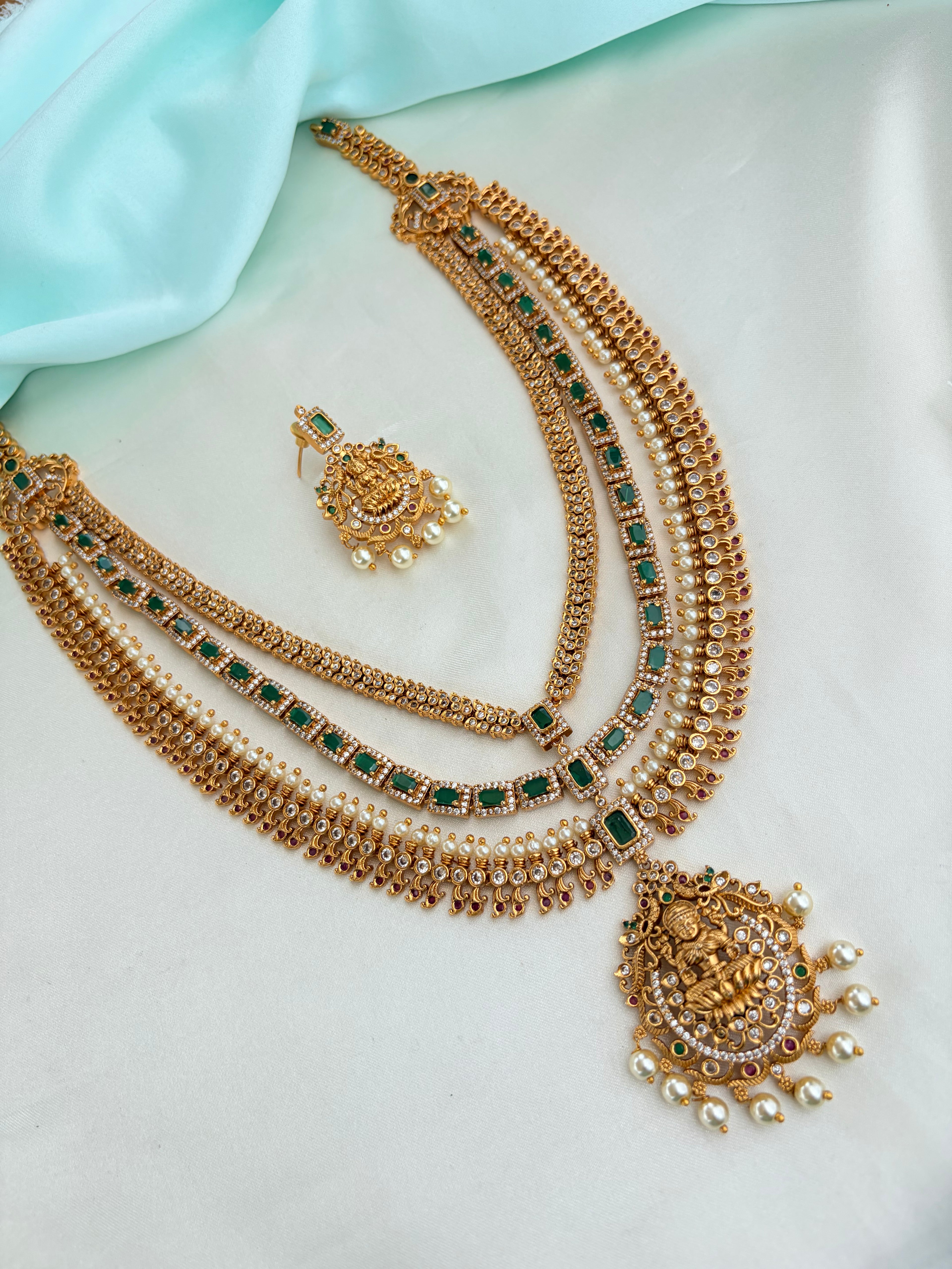 Premium Antique Finish Three-Layer Lakshmi Neckset with Earrings Ns929