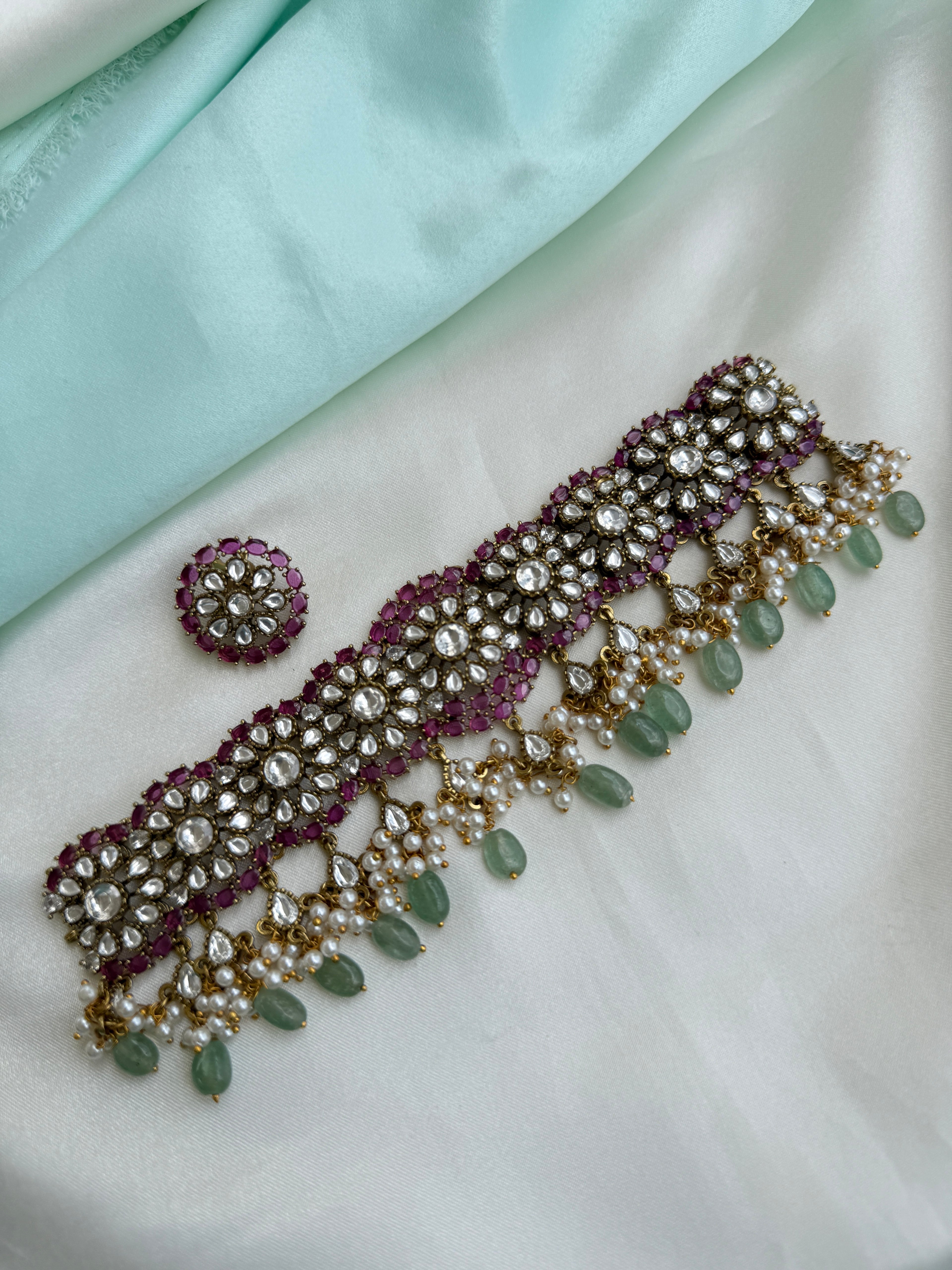Kundan choker neckset with floral studs ns981