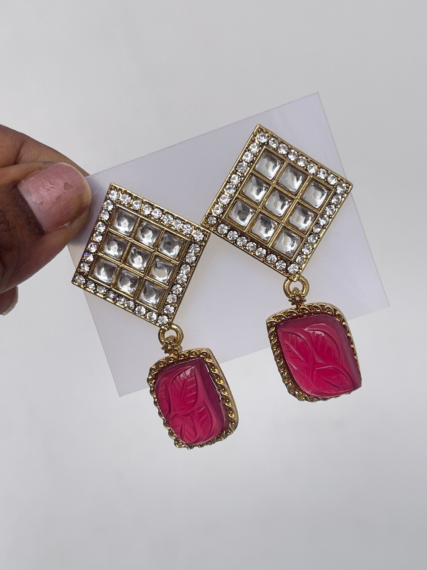 Reverse square Kundan stud with stone hanging