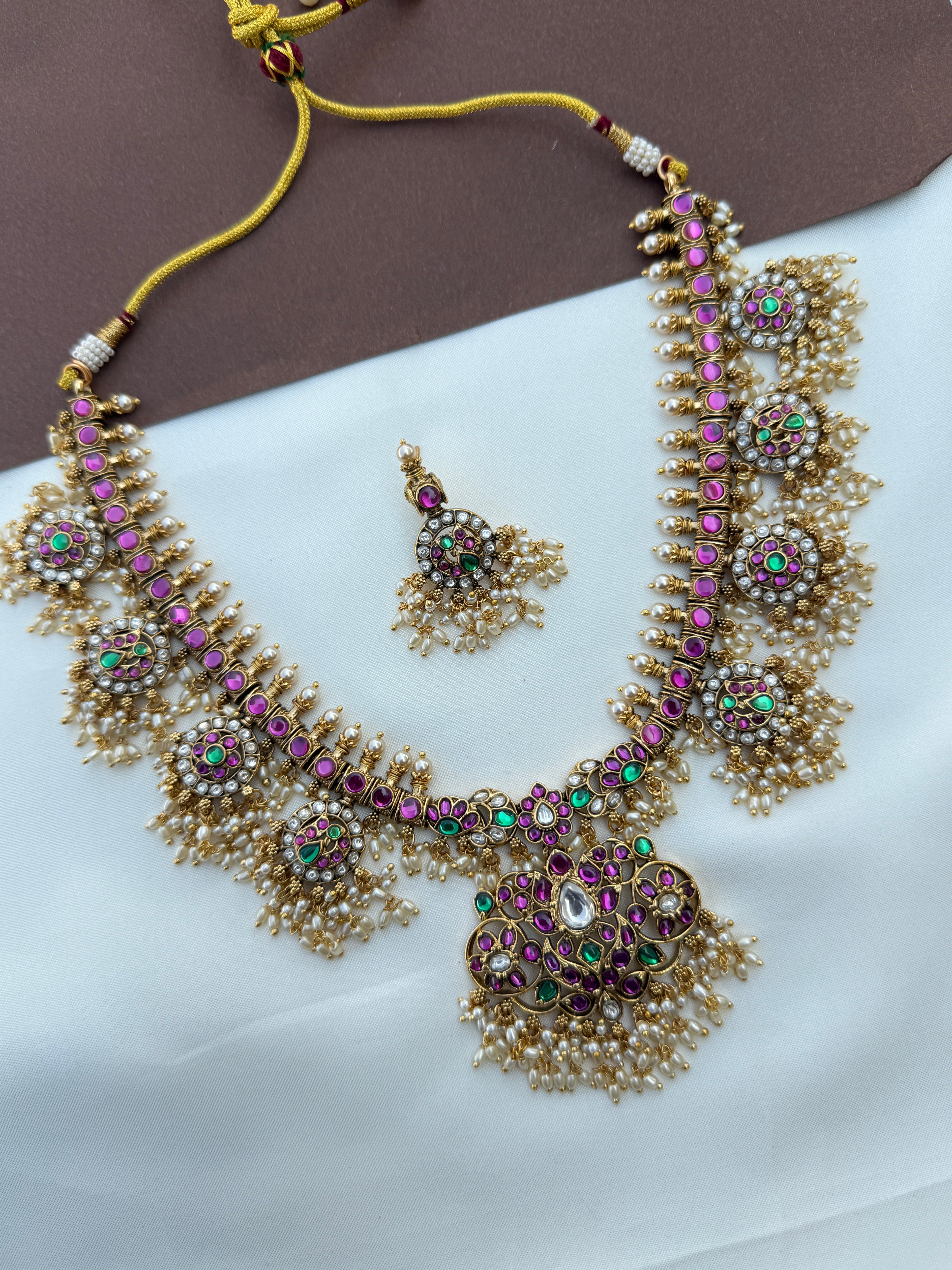 Ns624 pure peacock jadau kundan neckset with rice pearls