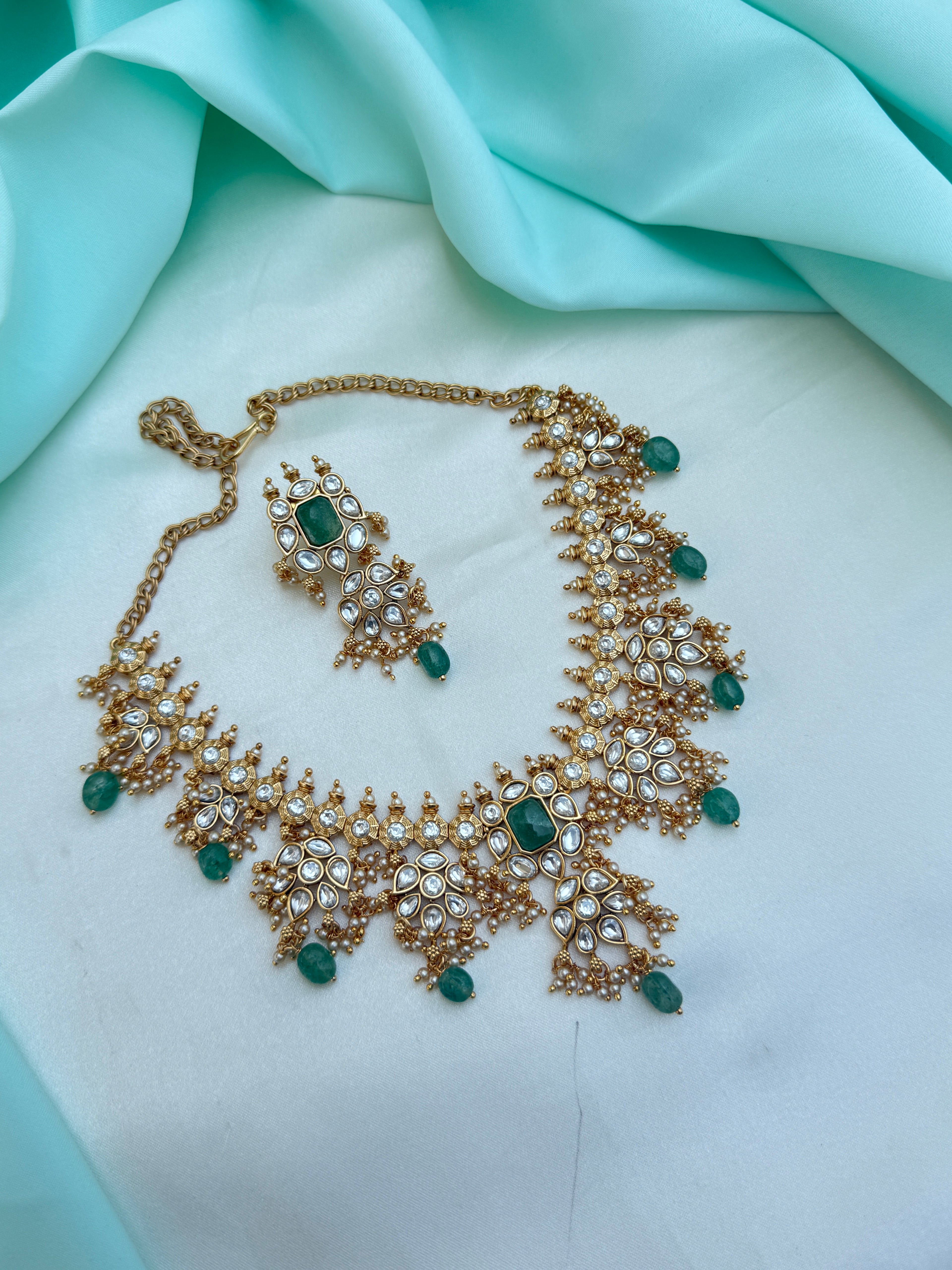 Ns774 polki kundan neckset with green beads
