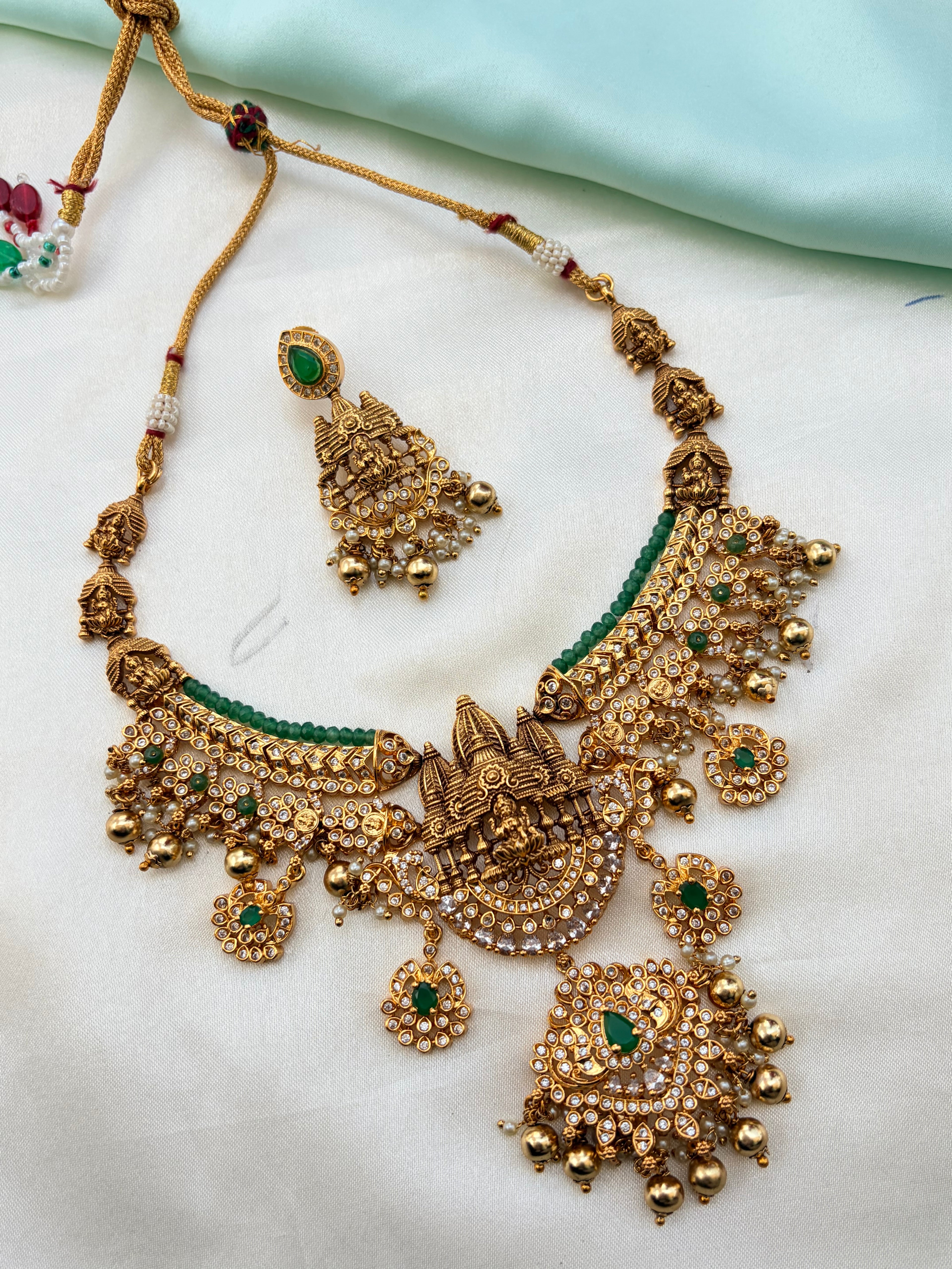 Lakshmidevi stones with gold balls short Neckset  with earrings ns951