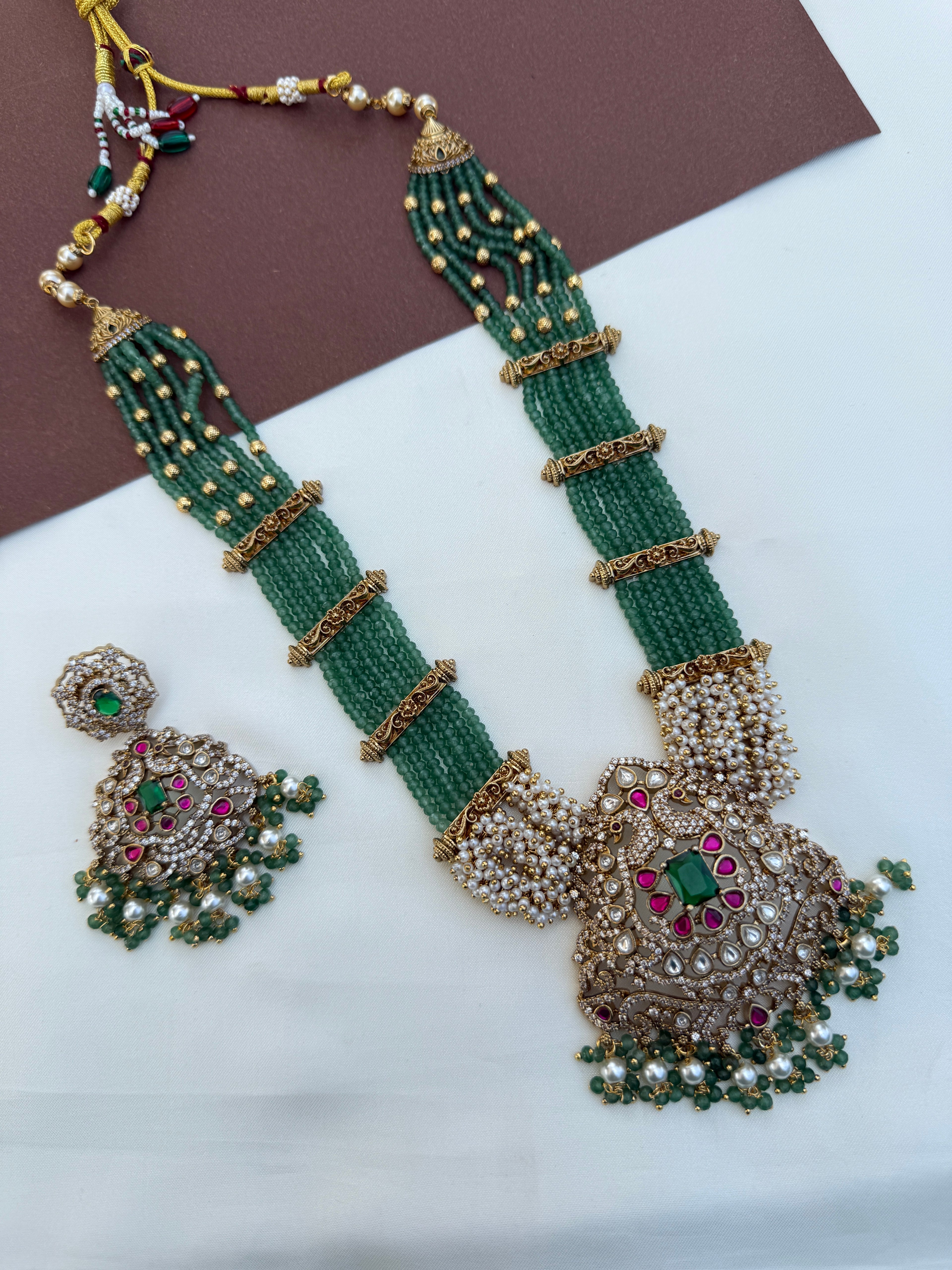 Ns729 jadau Kundan dual peacock green beads neckset