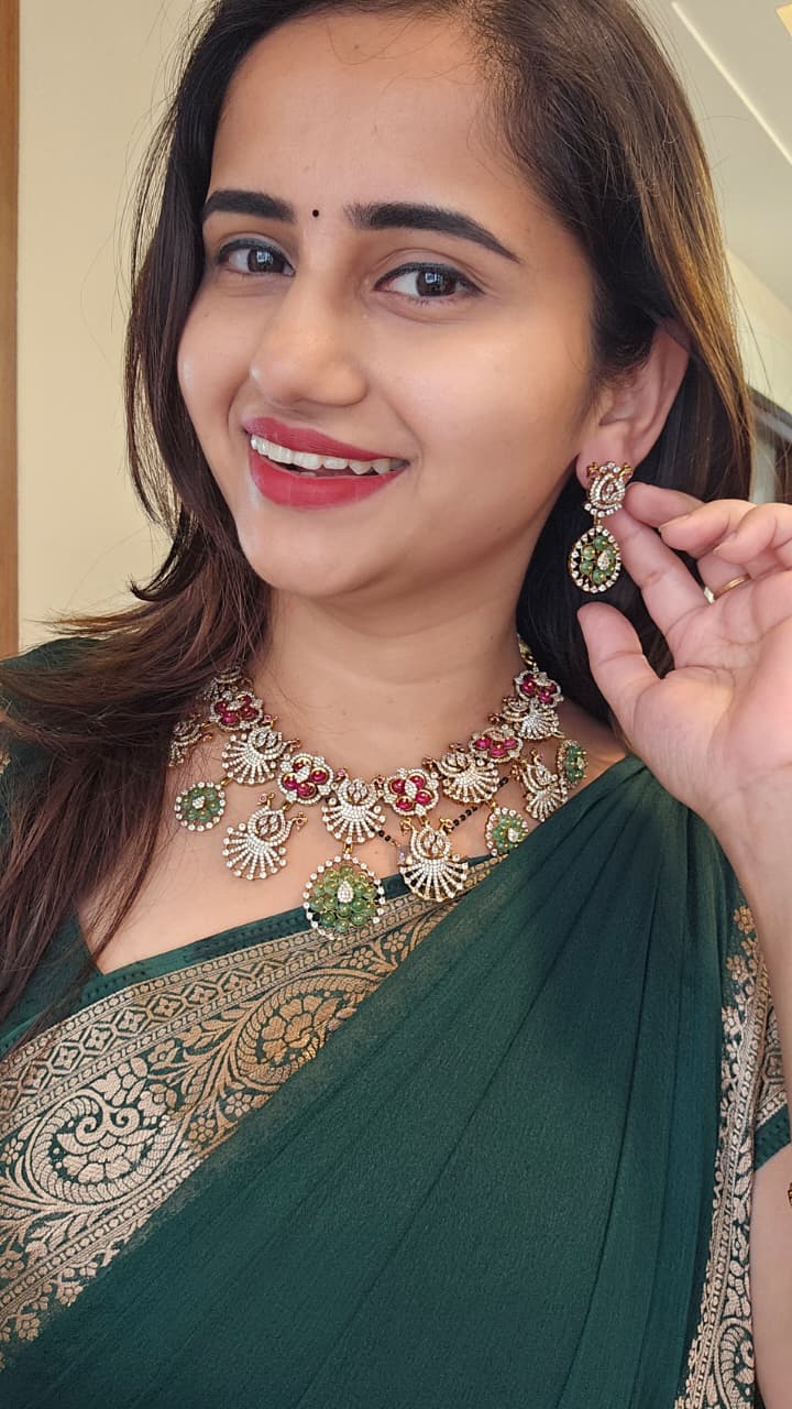 Ns349 peacock beads cz neckset