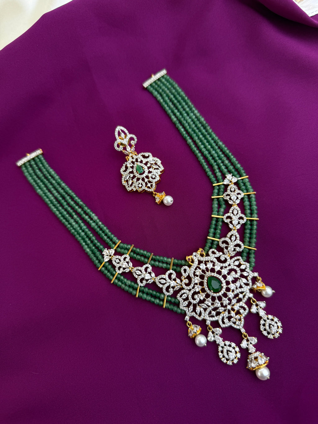 Diamond finish mint green emerald Neckset with earrings ns232