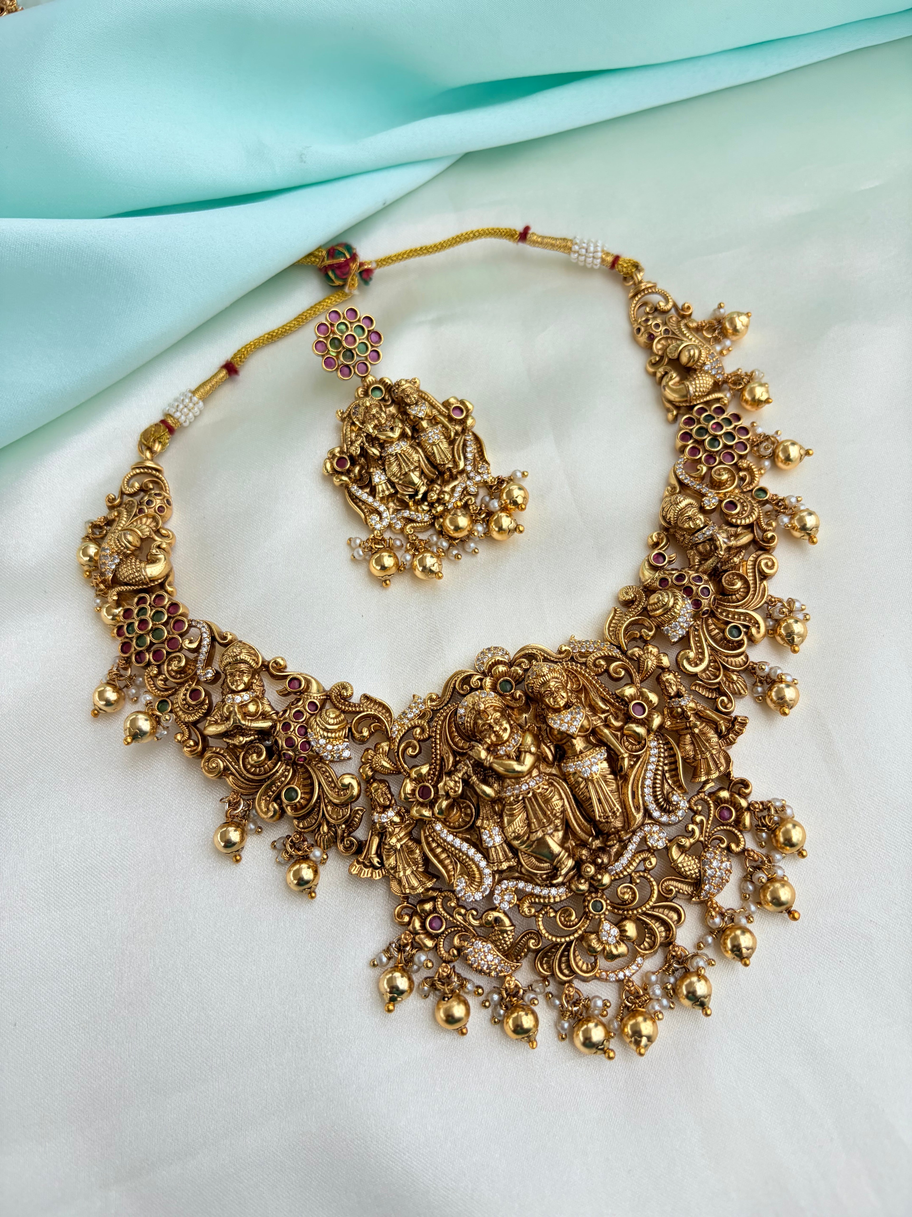 Premium Antique Gold Radha Krishna Neckset with Pearl Drops with Earrings Ns221