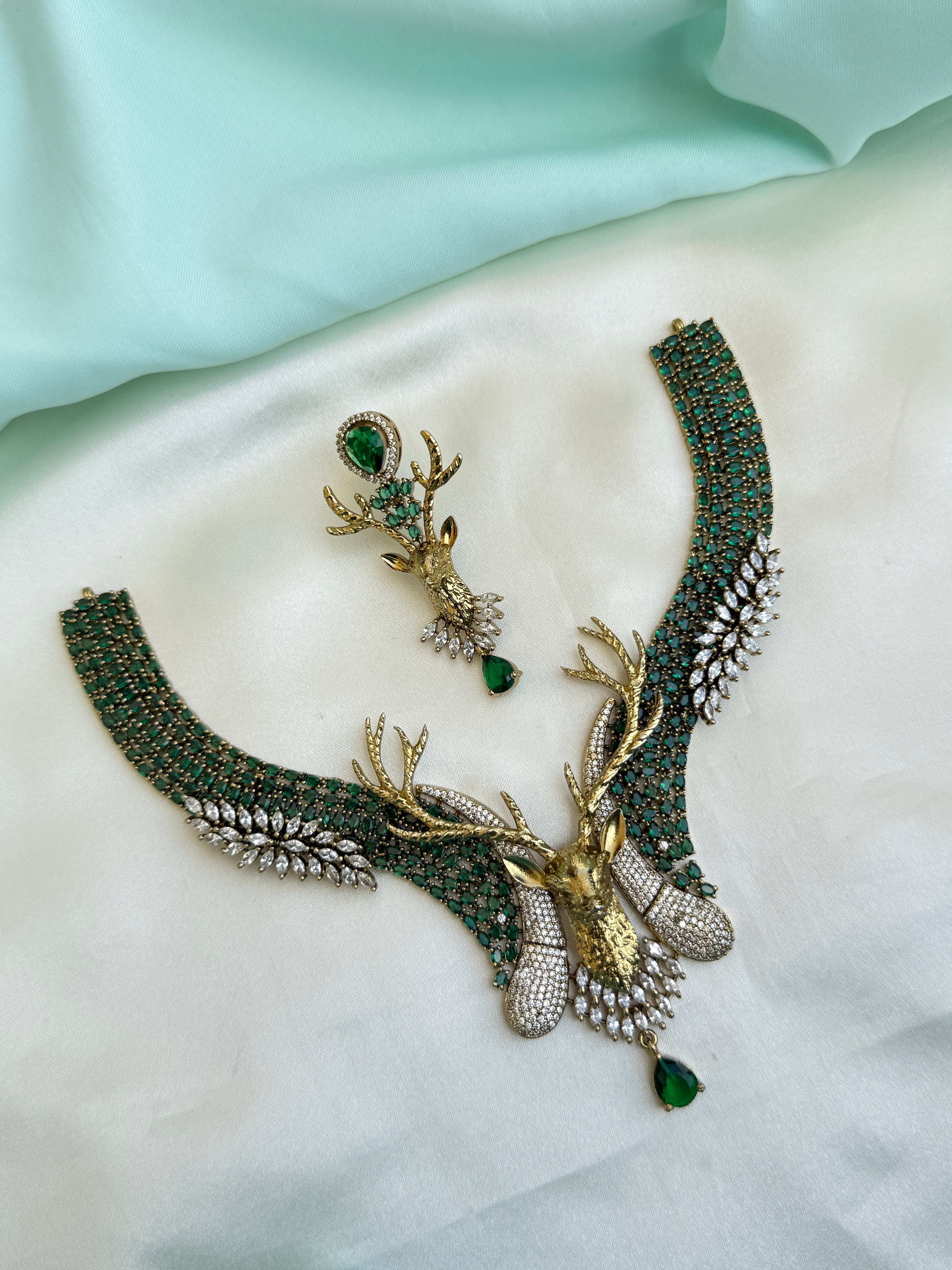 Emerald Green Kundan kante neckset with Peacock Pendant with Earrings with CZ stones ns291