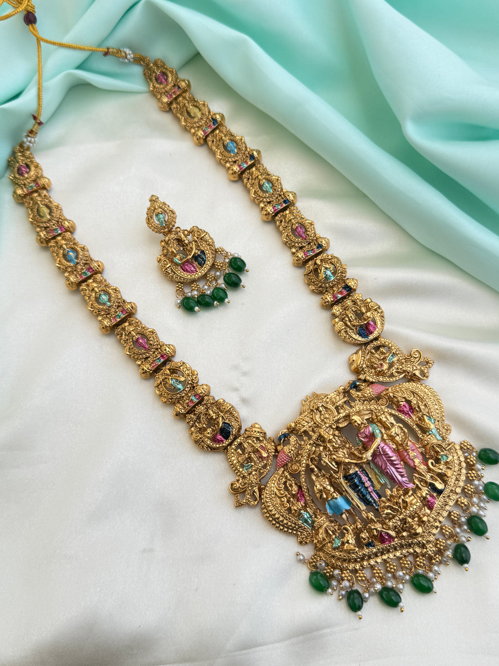 Lh595 meenakari  srinivasa kalyanam long haram with green beads
