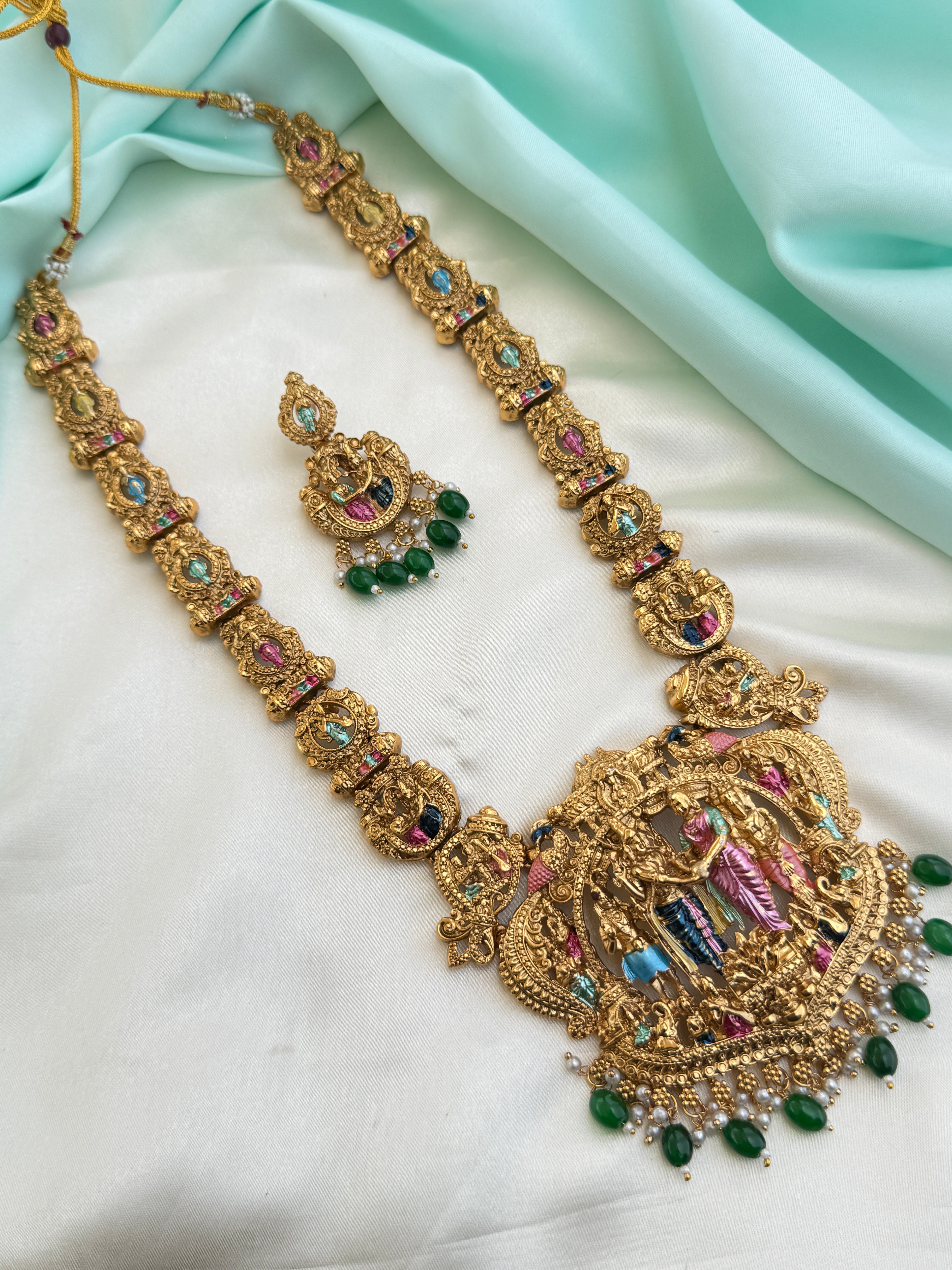 Lh595 meenakari  srinivasa kalyanam long haram with green beads