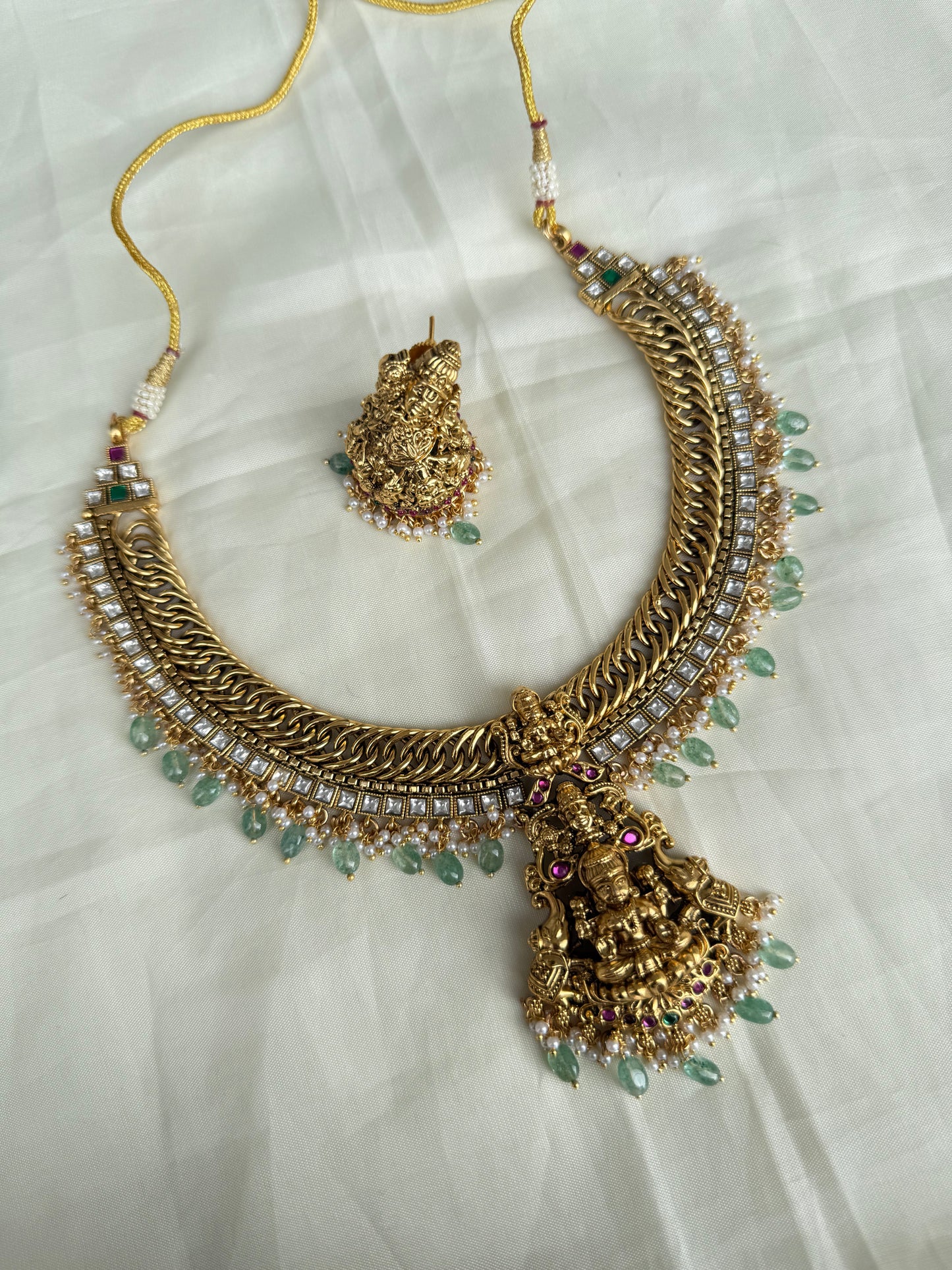 Lakshmi Devi multi green beads jalebi Neckset