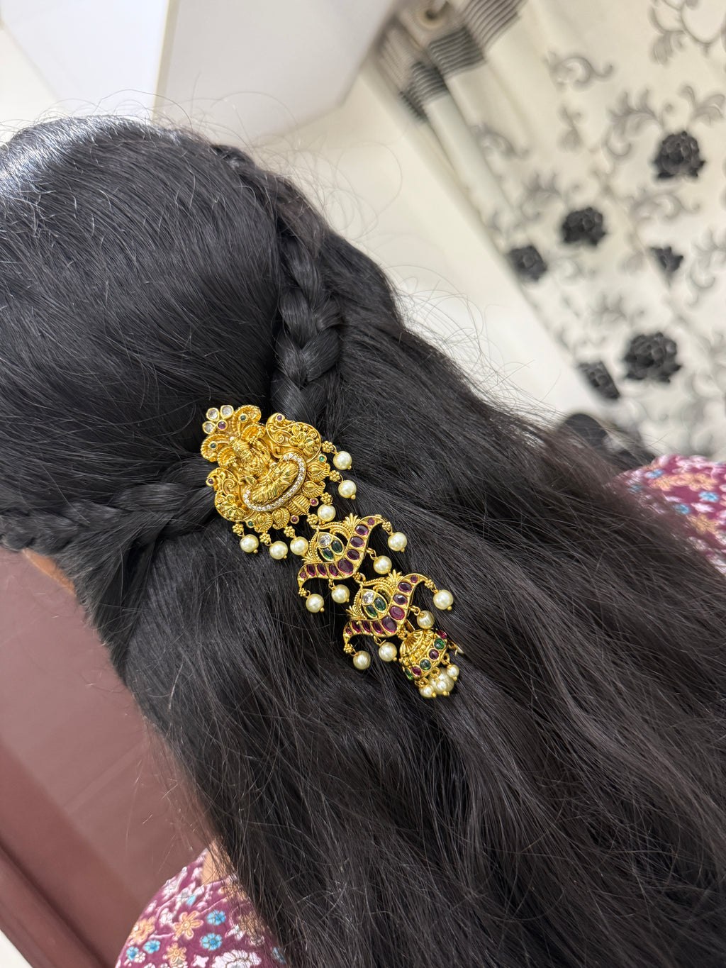 Lakshmidevi kemp stones 4 steps white pearl with peacock jada Billa jd010