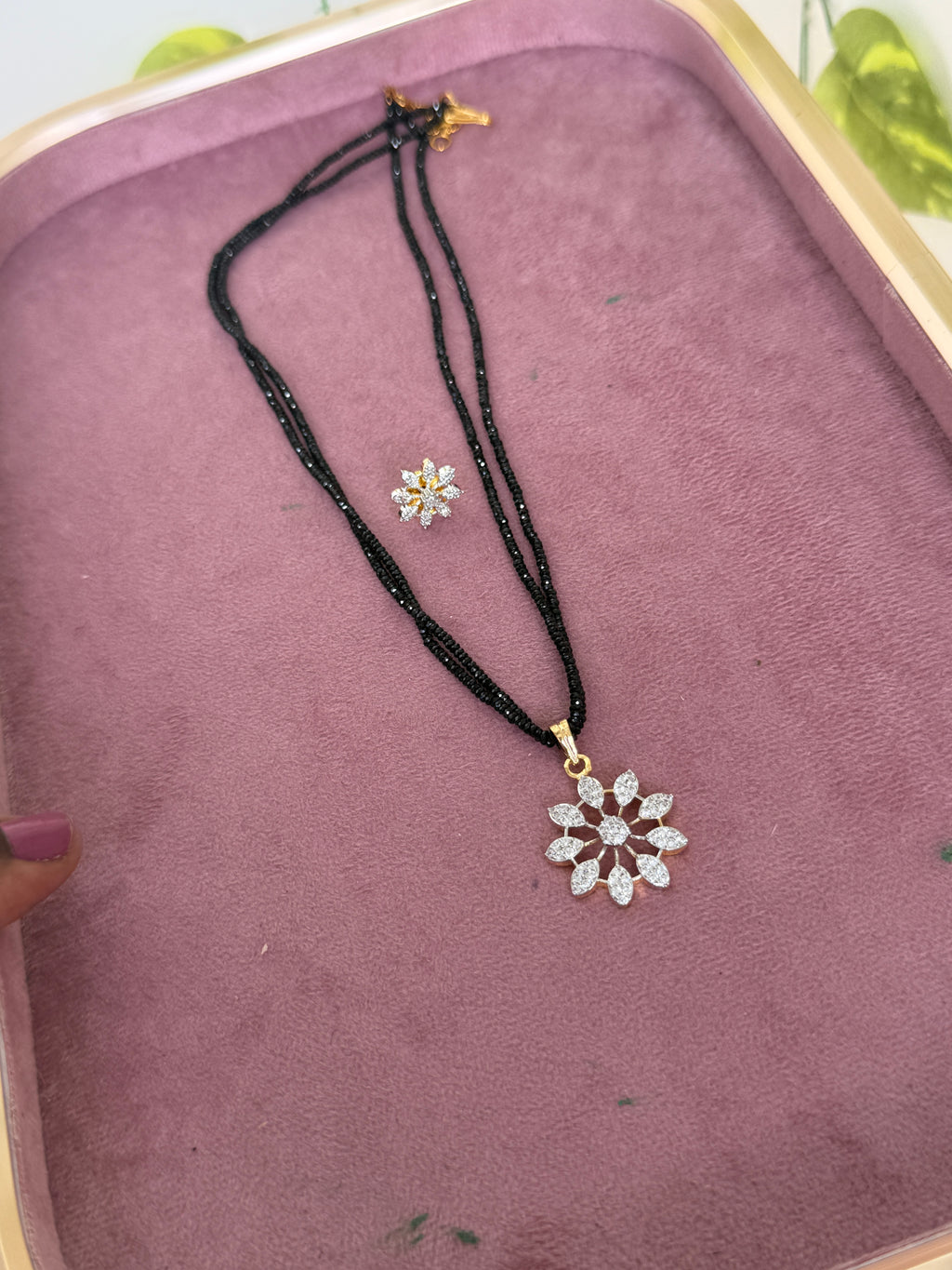 Crystal black beads with diamond  pendant with studs 16 inches 2 layers black beads bb364
