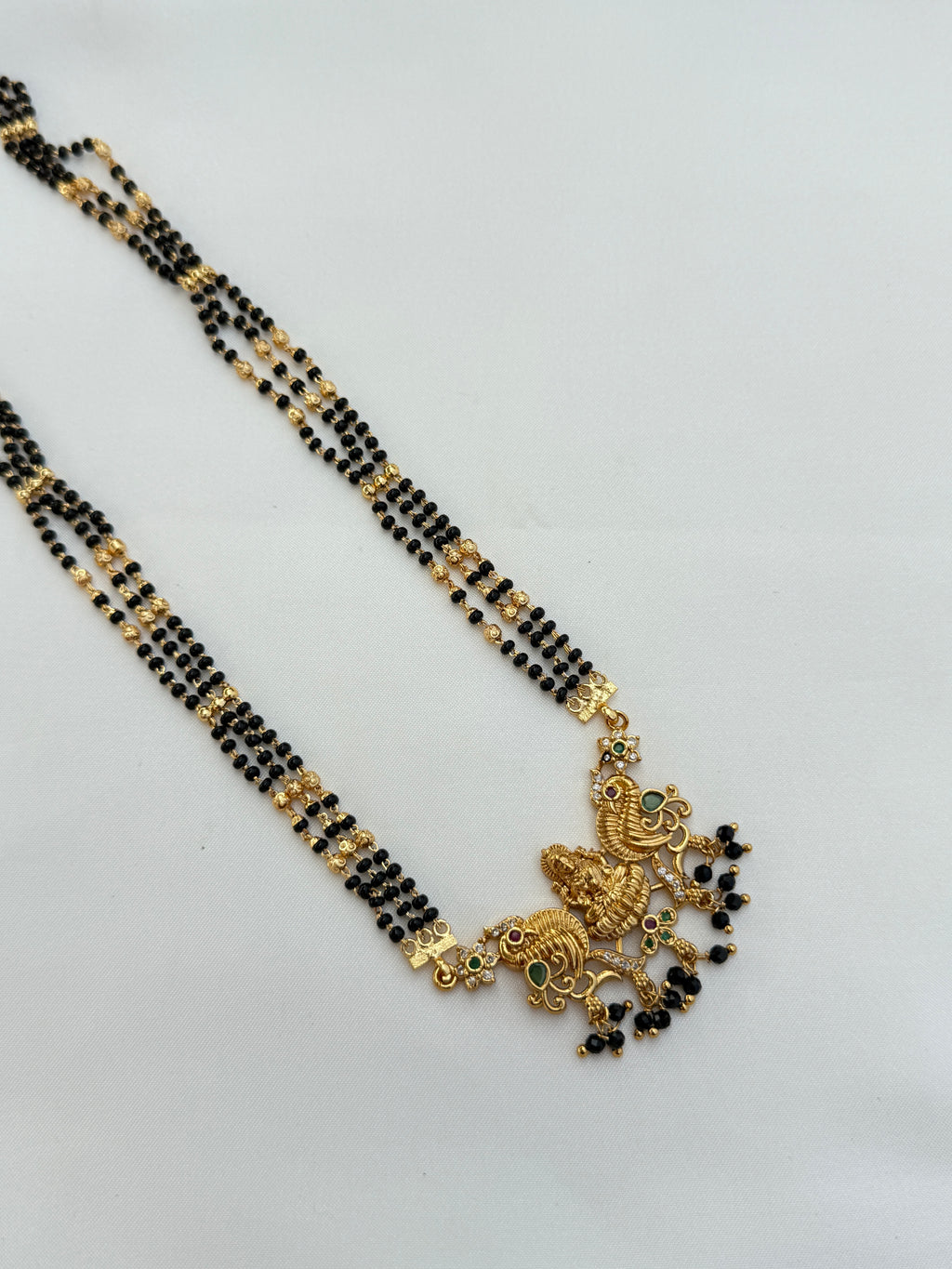 Bb028 2 lines peacock and Lakshmi devi long blackbeads chain
