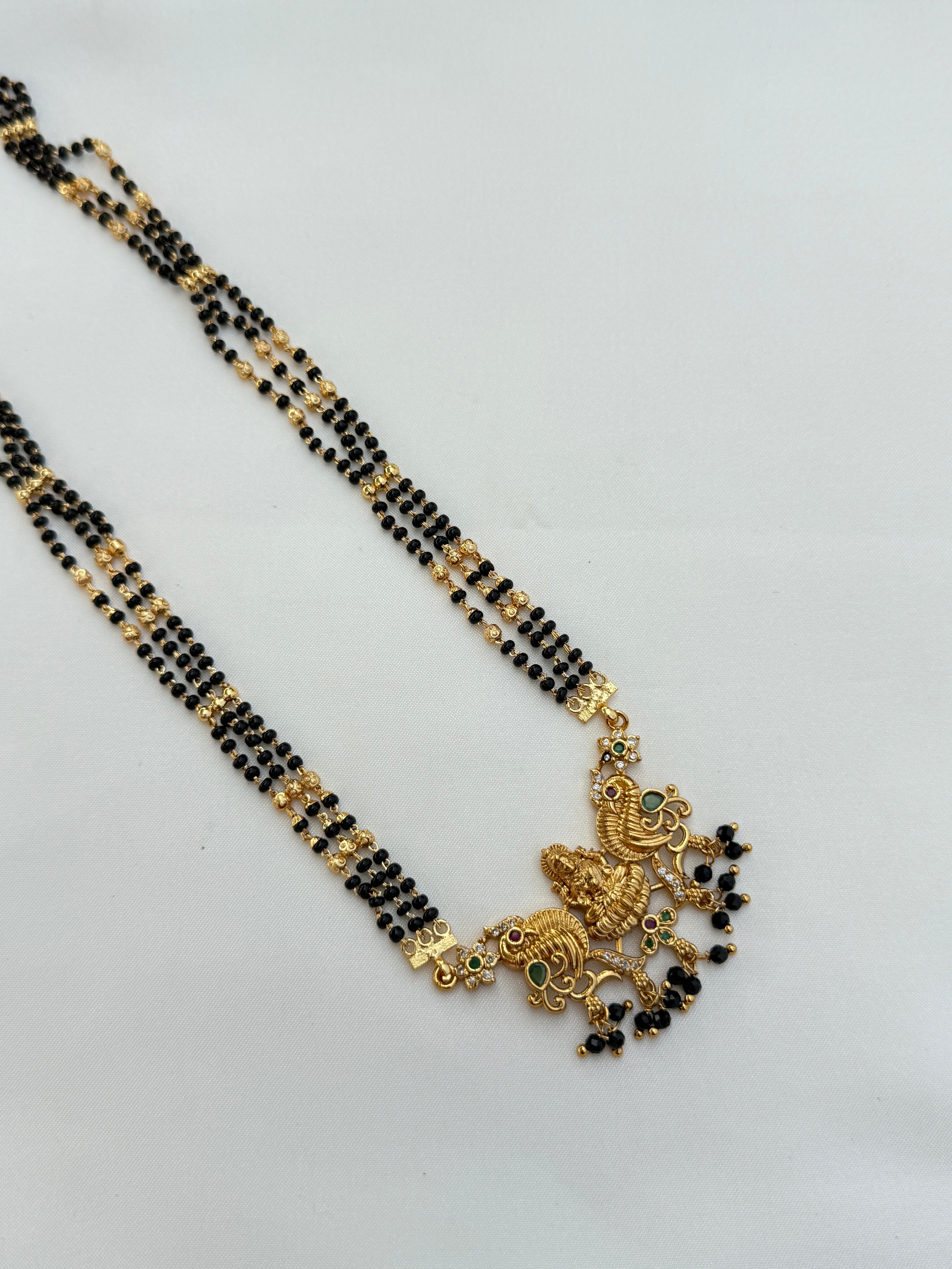 Bb028 2 lines peacock and Lakshmi devi long blackbeads chain