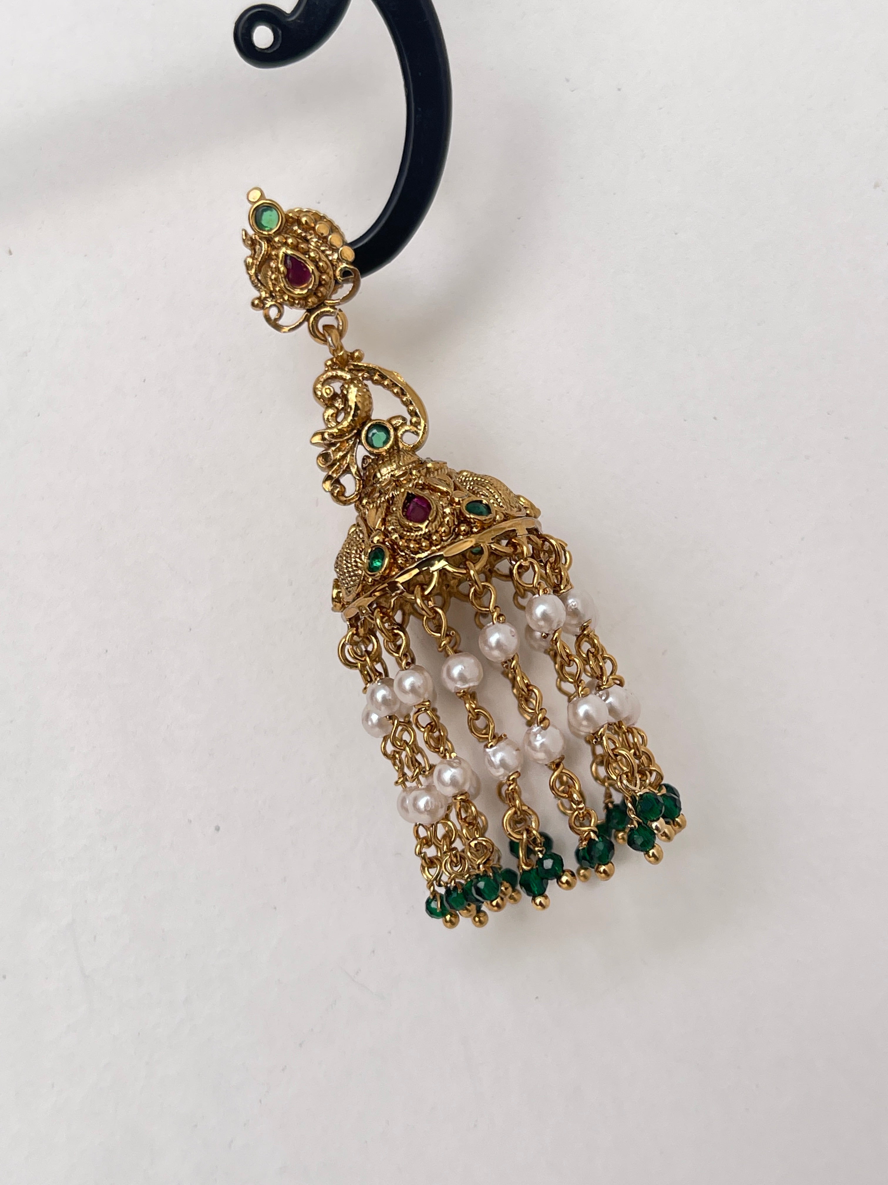Green pearl peacock hanging butta earrings