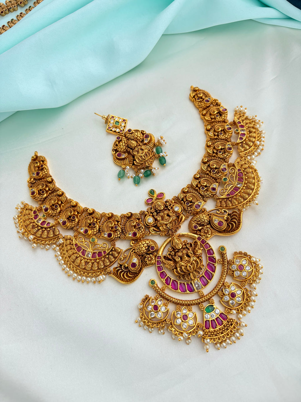 Nakshi Lakshmidevi Ruby Neckset of Pearl drops with Earrings Ns881