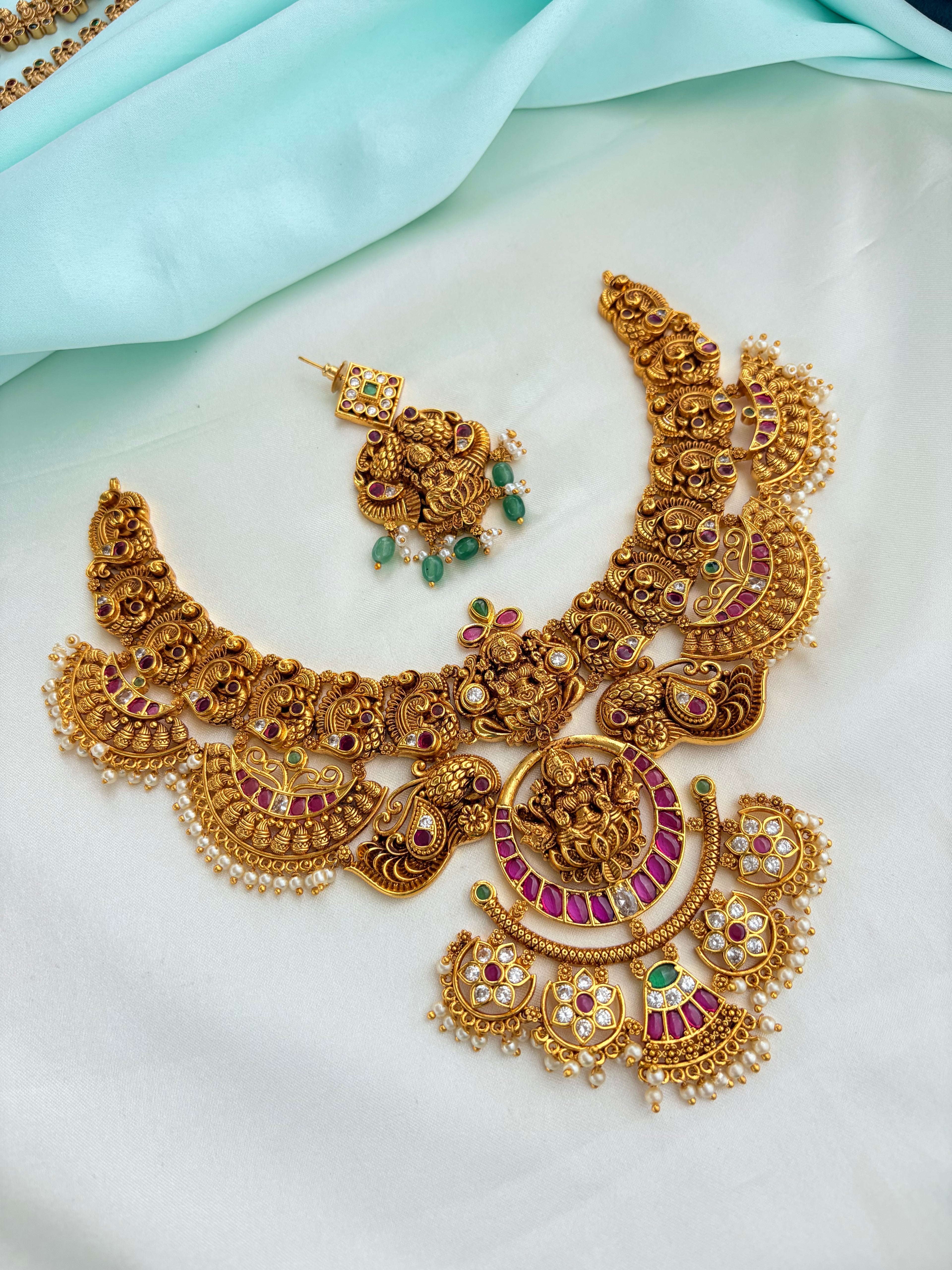 Nakshi Lakshmidevi Ruby Neckset of Pearl drops with Earrings Ns881